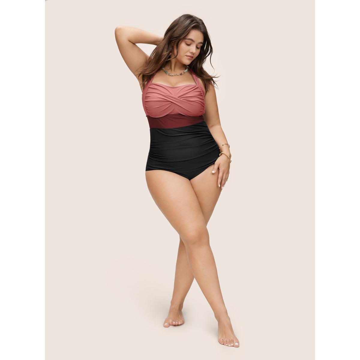 Plus Size Contrast Twist Front Tummy-Control One Piece Swimsuit Women's Swimwear Russet Resort Non Curve Bathing Suits High stretch One Pieces BloomChic 26/4X Product Image