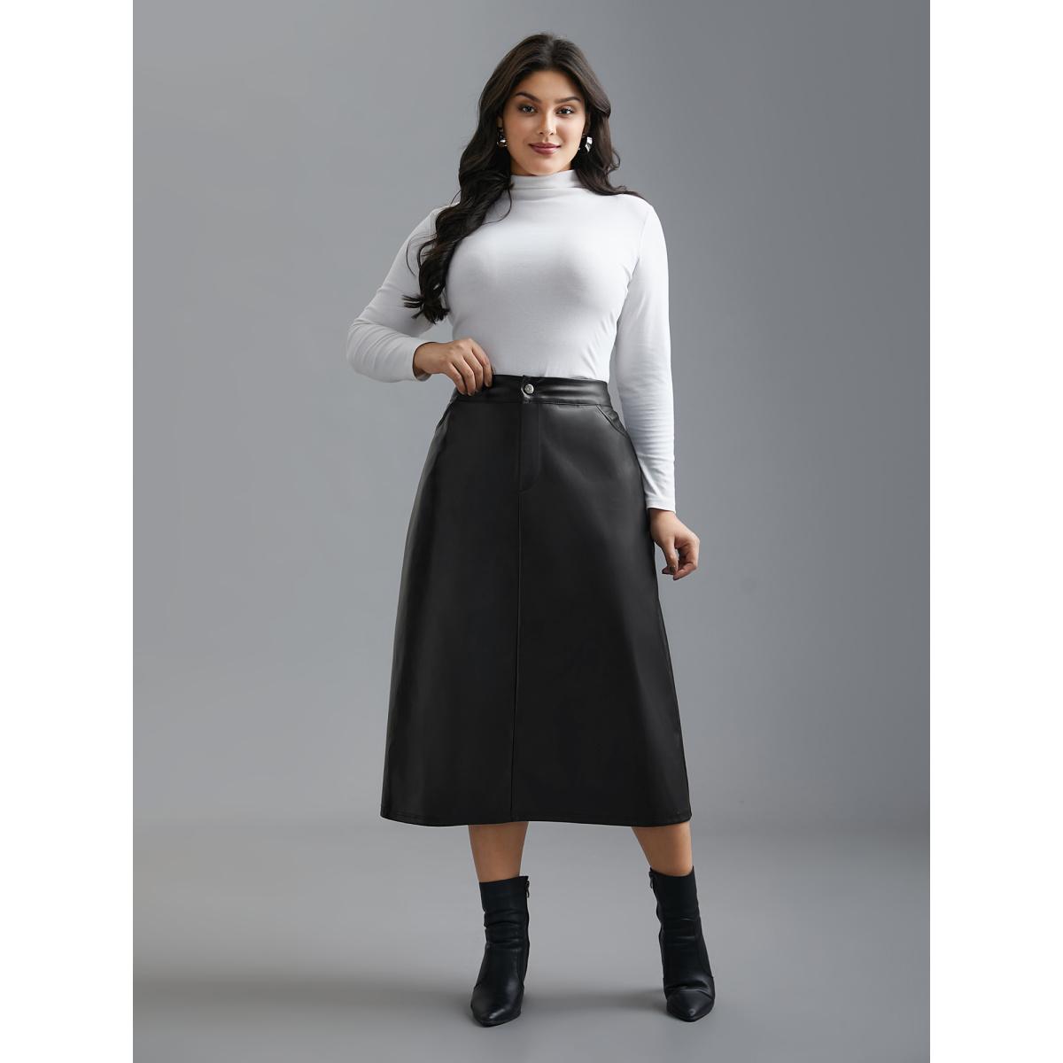 Plus Size PU Leather Elastic Waist Split Hem Skirt Women Black Elegant Slit Low stretch Slanted pocket Everyday Skirts BloomChic 28/5X Product Image