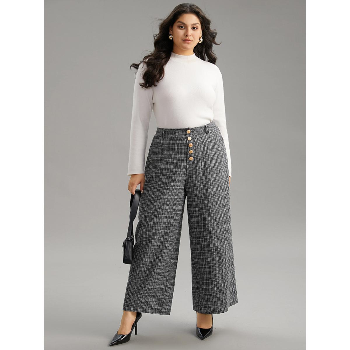 Plus Size Gingham Textured Metal Detail Wide Leg Pants Women Black Office Wide Leg High Rise Office Pants BloomChic 26/4X Product Image