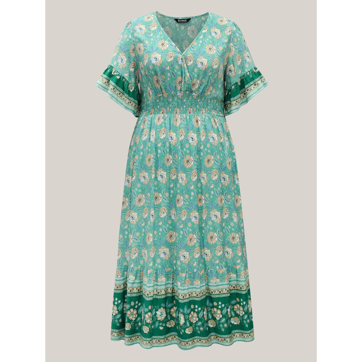 Plus Size Floral Bell Sleeve Shirred Waist Midi Dress Emerald Women Boho Overlap Collar Half Sleeve Curvy BloomChic 12/L Product Image