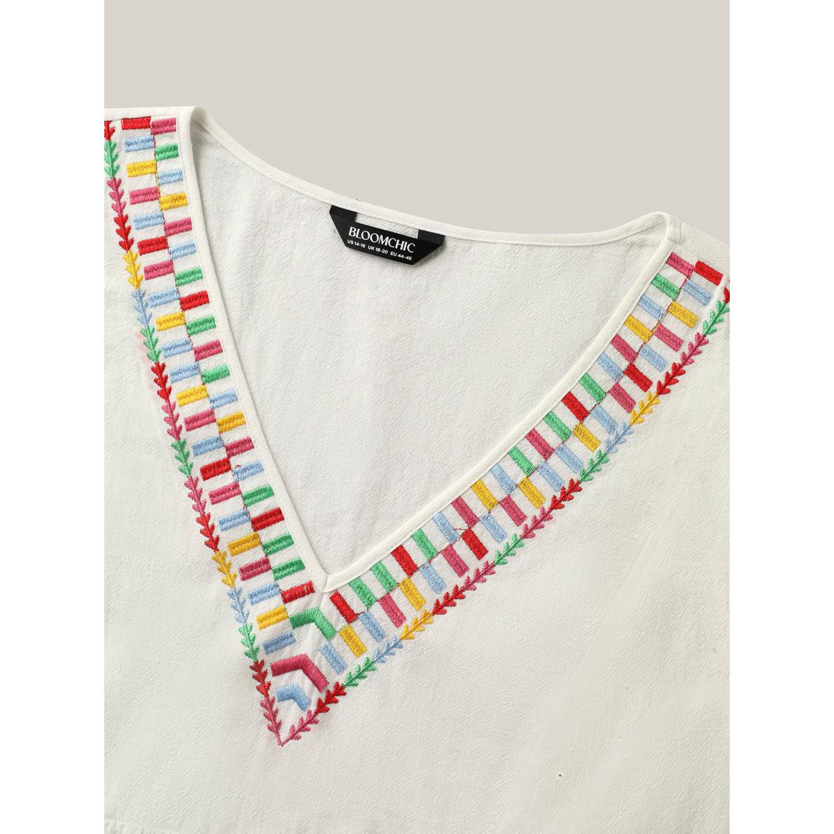 Plus Size Originalwhite Cotton Colorful Embroidery V-Neck Solid Blouse Women Short sleeve V-neck Casual Blouses BloomChic 12/L Product Image