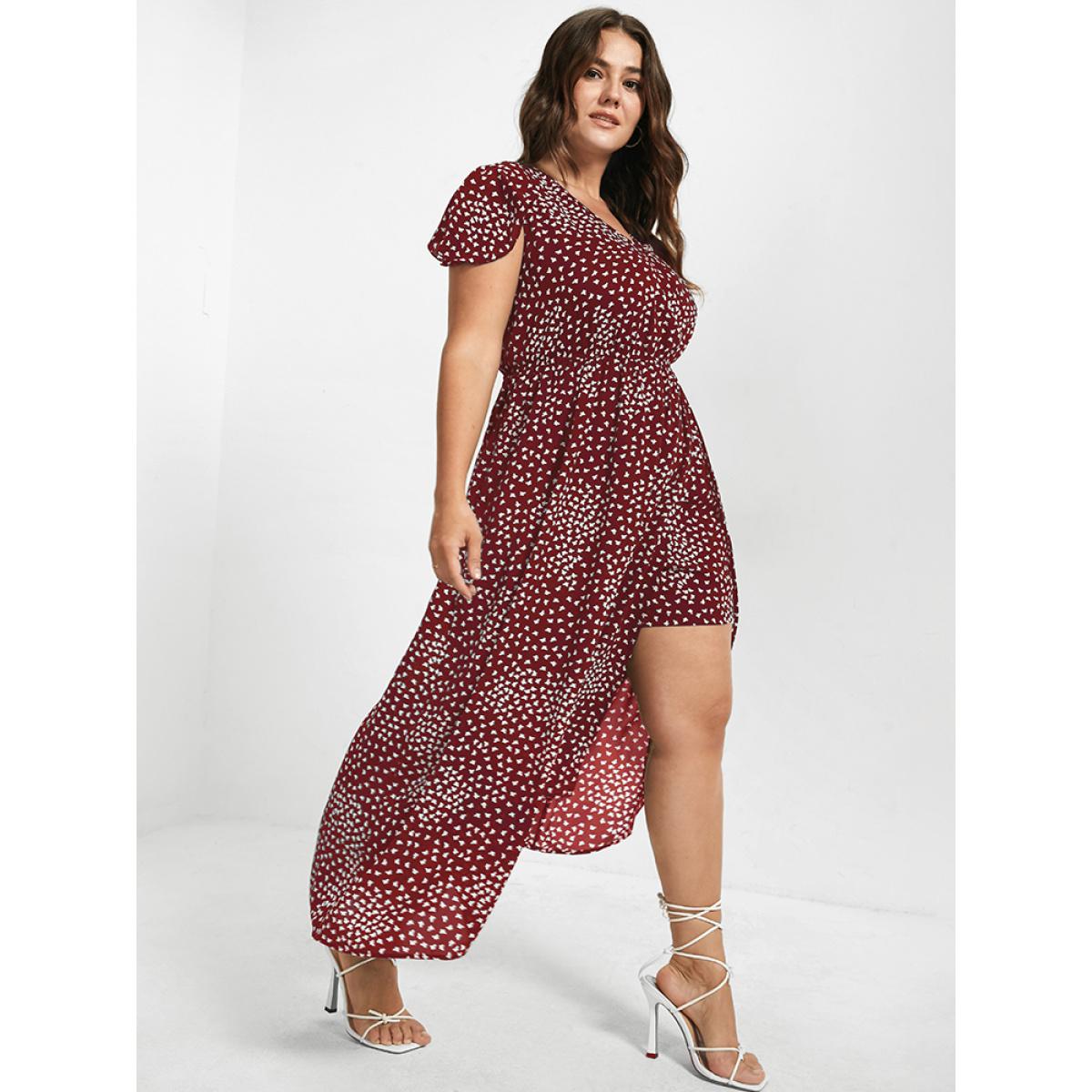 Plus Size V Neck Butterfly Pattern Split Dress Maroon Women Elegant Gathered V-neck Cap Sleeve Curvy Midi Dress BloomChic 30/6X Product Image