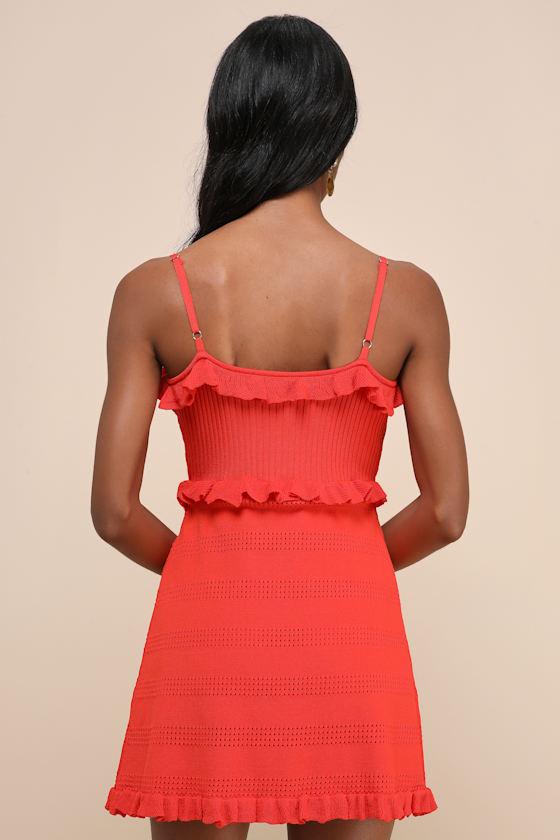 Enviable Pick Red Orange Pointelle Knit Ruffled Mini Dress Product Image