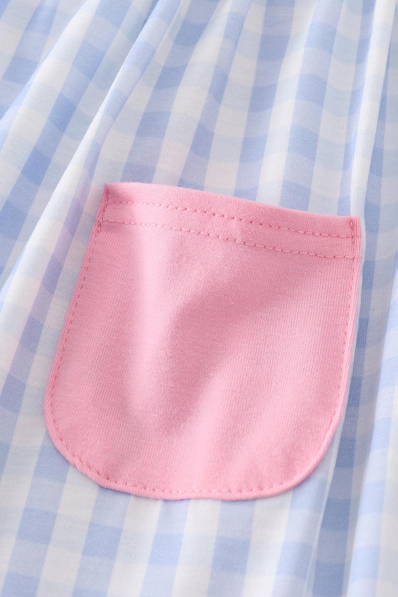 Blue character embroidery gingham ruffle dress Product Image