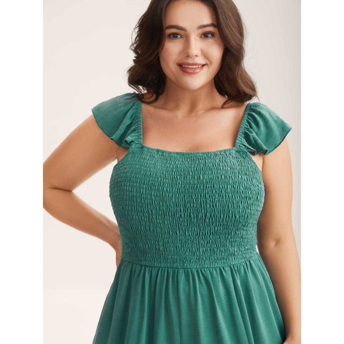 Plus Size Emerald Shirred Ruffles Pockets Plain Jumpsuit Women Sleeveless Non Everyday-Casual Loose Jumpsuits BloomChic 18-20/2X Product Image