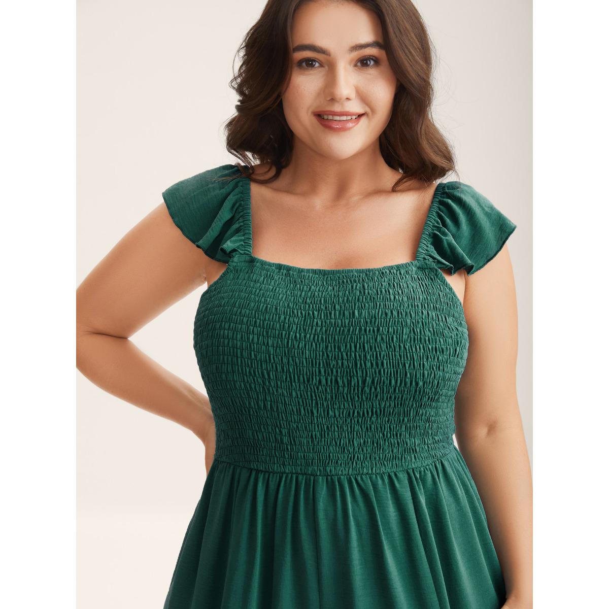 Plus Size Emerald Shirred Ruffles Pockets Plain Jumpsuit Women Sleeveless Non Everyday-Casual Loose Jumpsuits BloomChic 18-20/2X Product Image