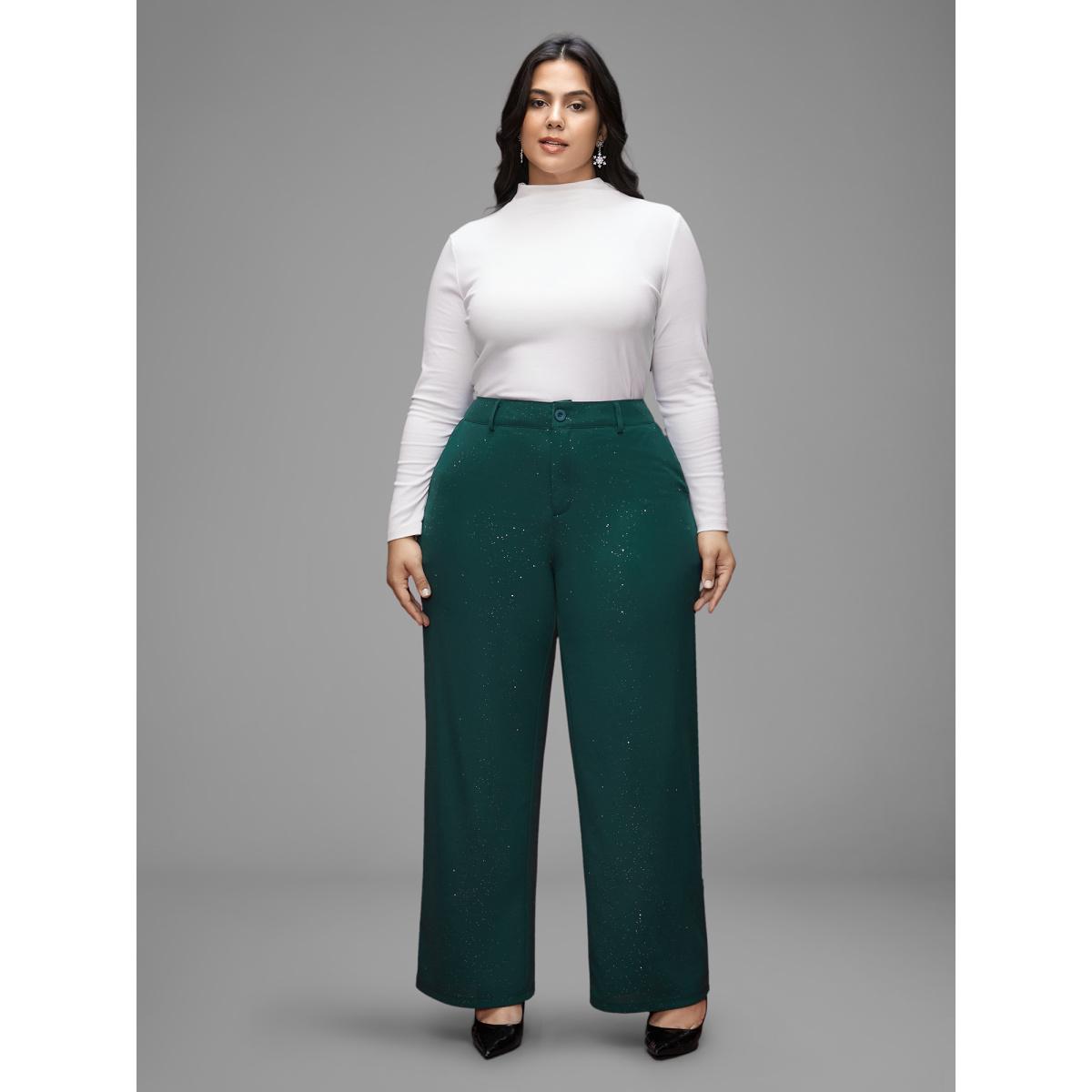 Plus Size Sparkle Knit Wide-Leg Pants Women DarkGreen Formal Loose Mid Rise Party Pants BloomChic 28/5X Product Image