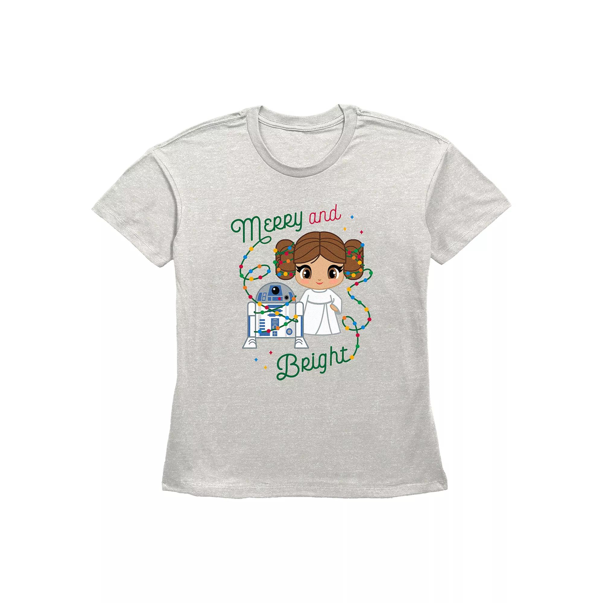 Women's Star Wars R2-D2 And Princess Leia Organa Merry And Bright Graphic Tee,  Product Image