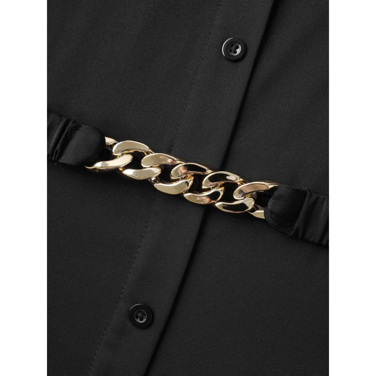 Plus Size Black Button Up Belted Collar Shirt Women At the Office Short sleeve Shirt collar Work Blouses BloomChic 10/M Product Image