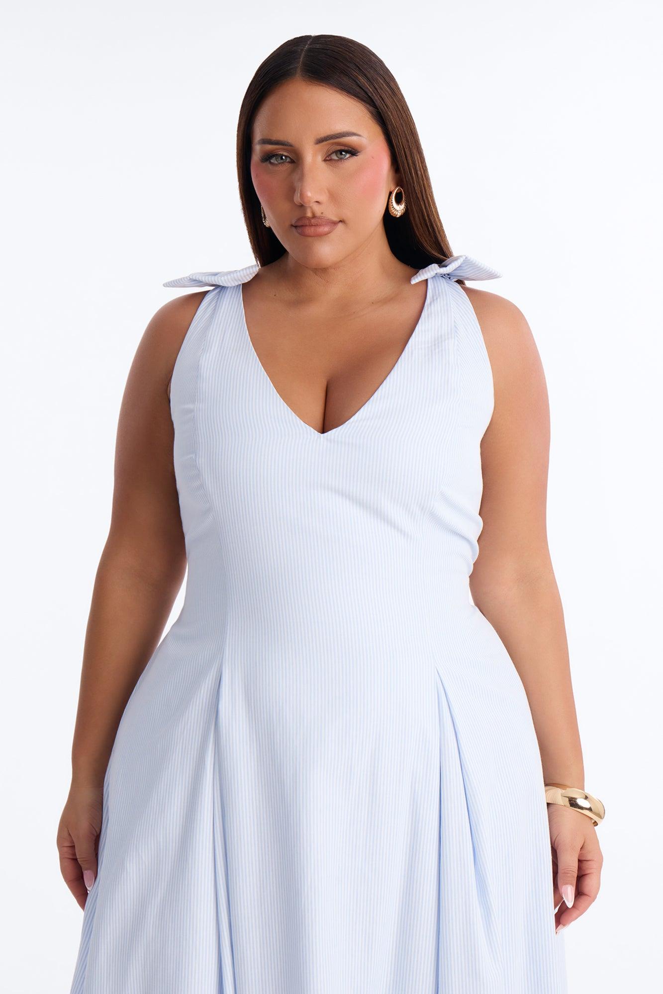Adele Bow Pinstripe Midi Dress - Blue/combo Female Product Image
