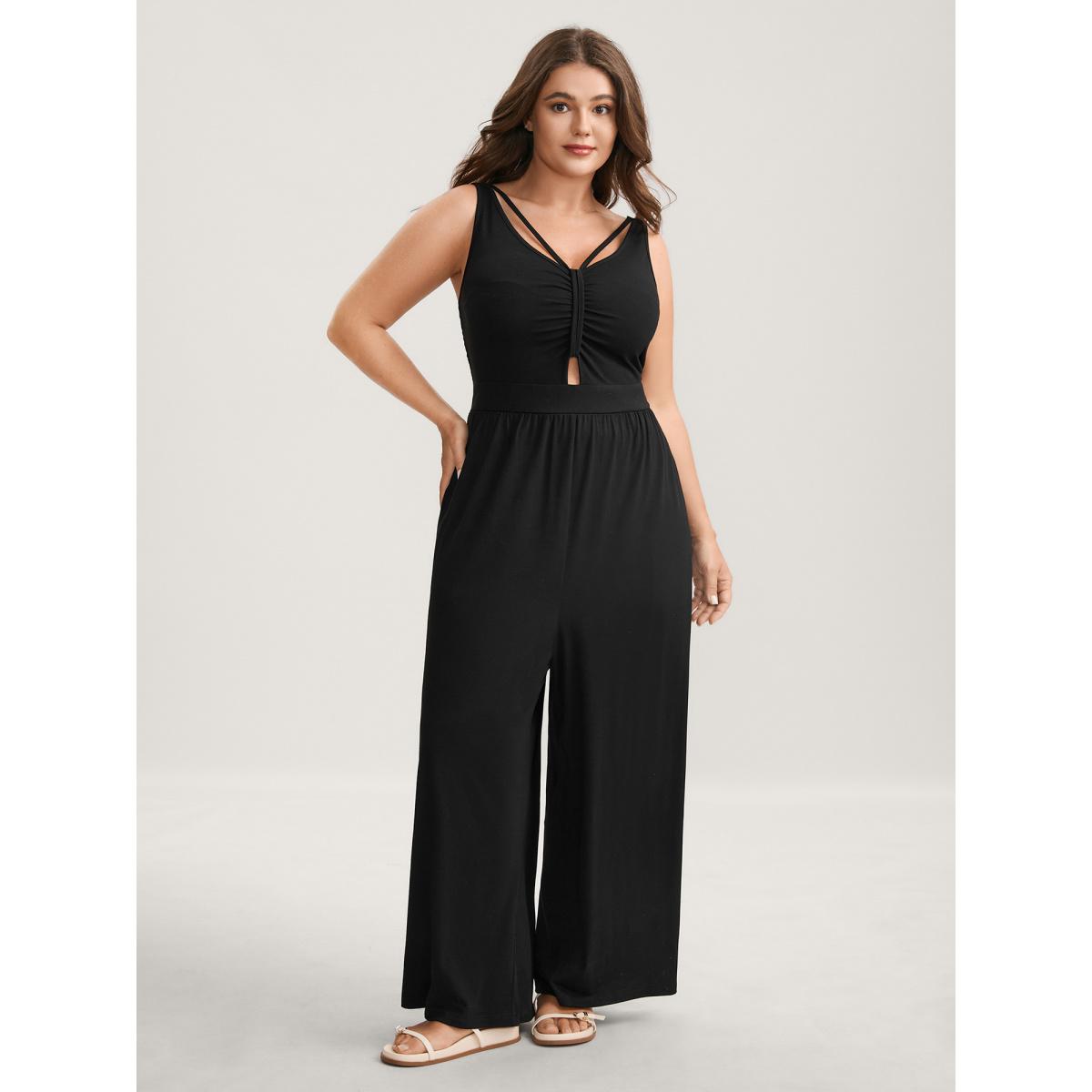 Plus Size Black Shirred Ruched Cut-Out Jumpsuit Women Sleeveless V-neck Everyday-Casual Loose Jumpsuits BloomChic 10/M Product Image