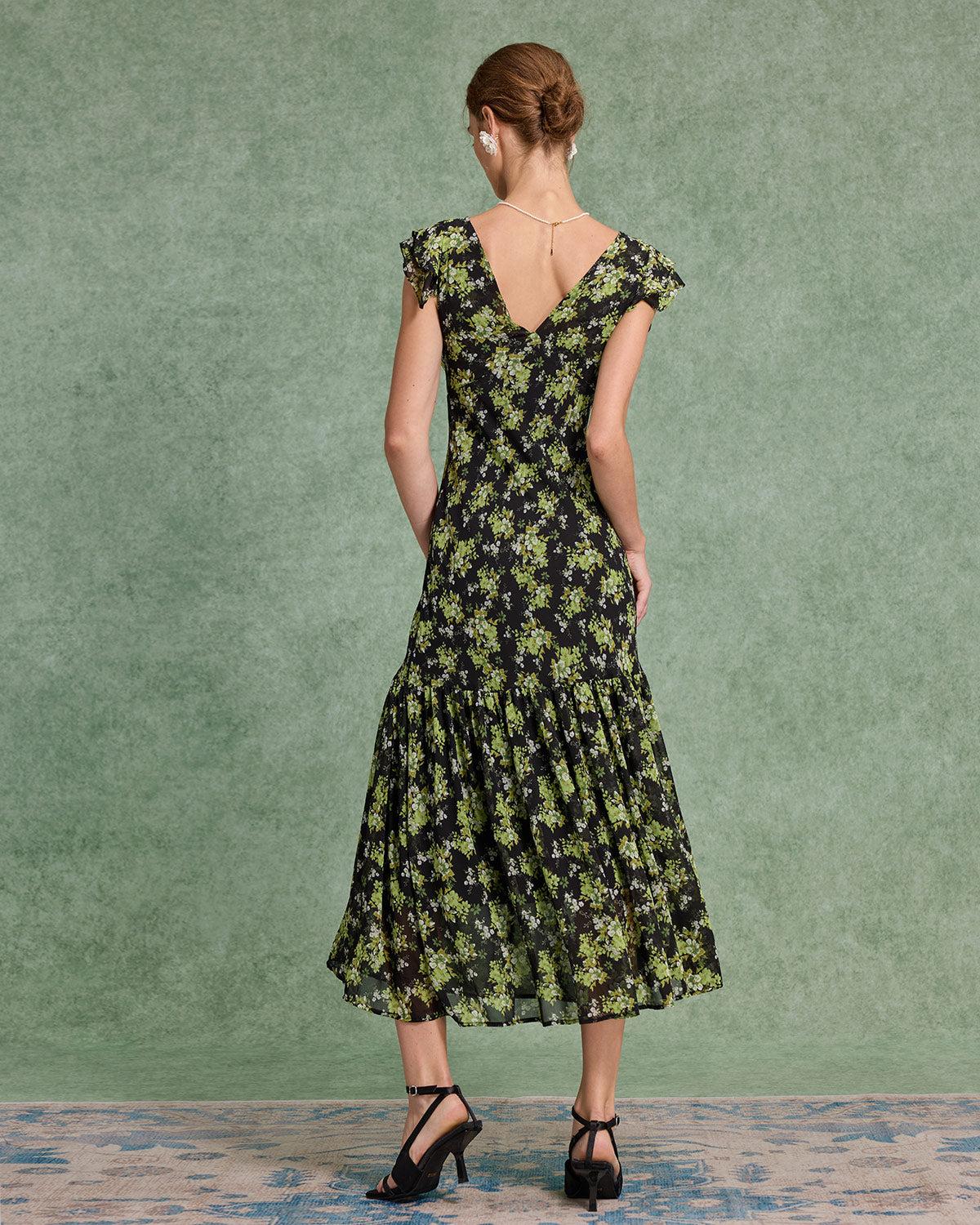 Black Floral V Neck Ruffle Midi Dress Product Image