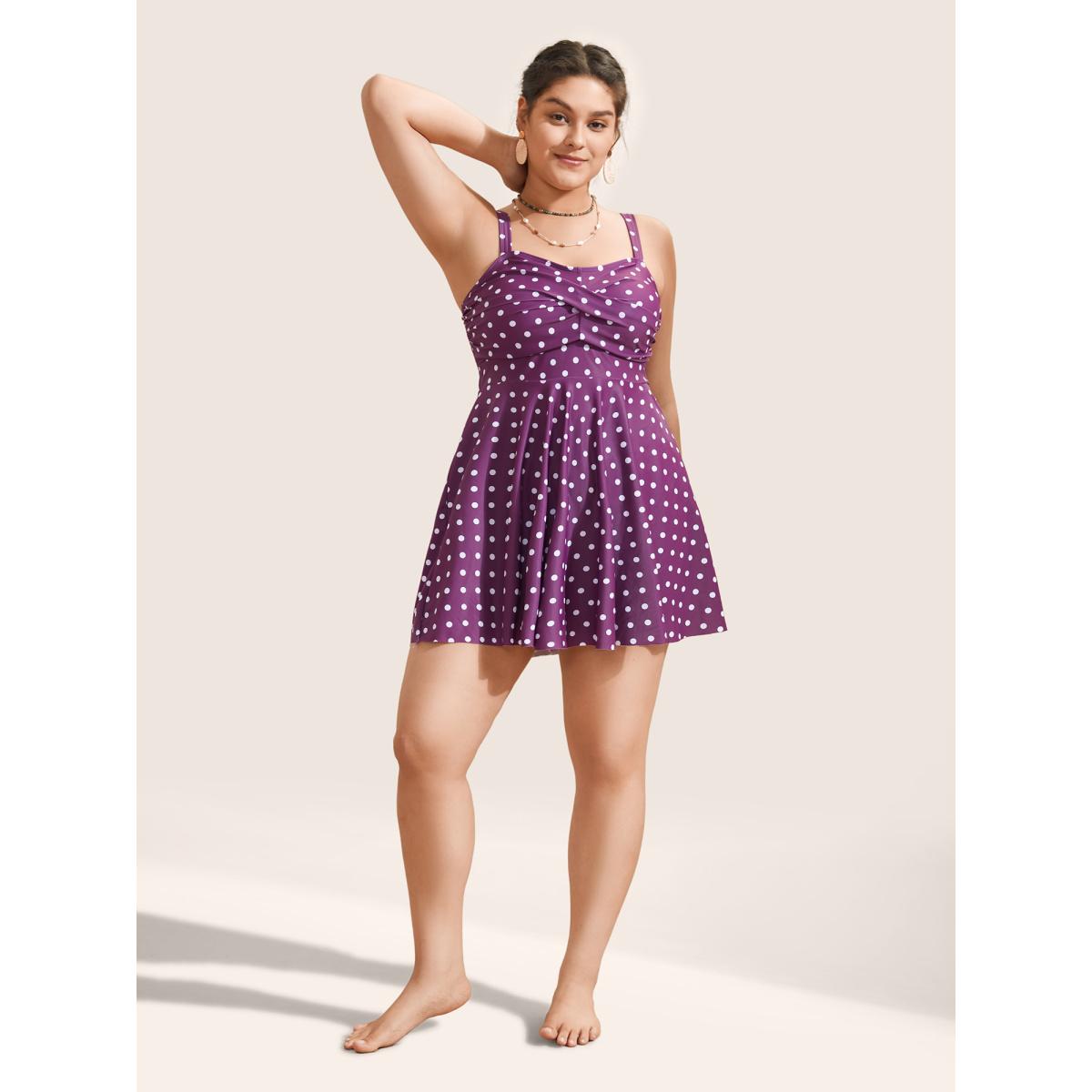 Plus Size Polka Dot Ruched Fit Flare Swim Dress Women's Swimwear Purple Beach Bodycon Strapless High stretch Curve Swim Dresses BloomChic 26/4X Product Image