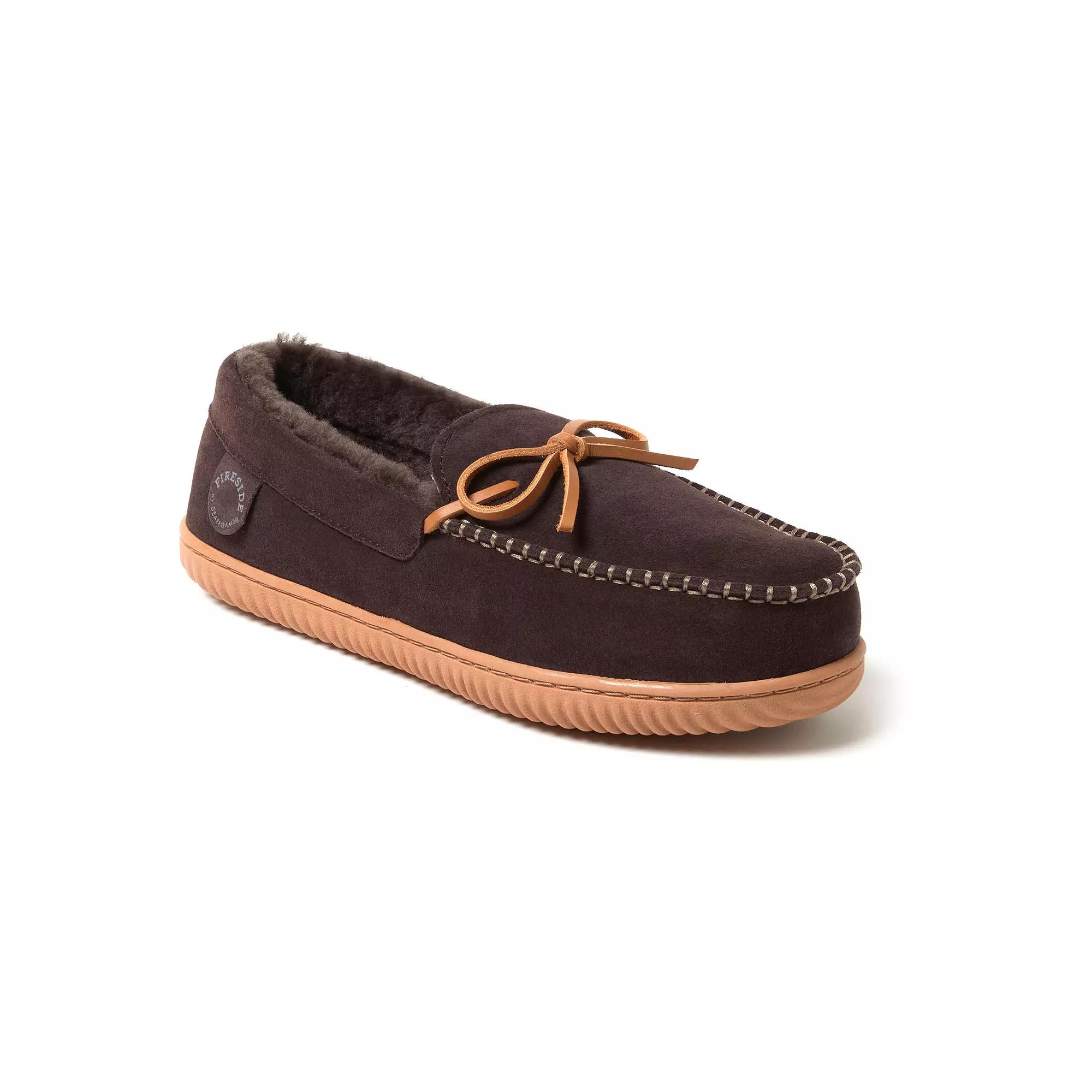 Fireside by Dearfoams Nelson Bay Mens Shearling Moccasin Slippers Brown Product Image