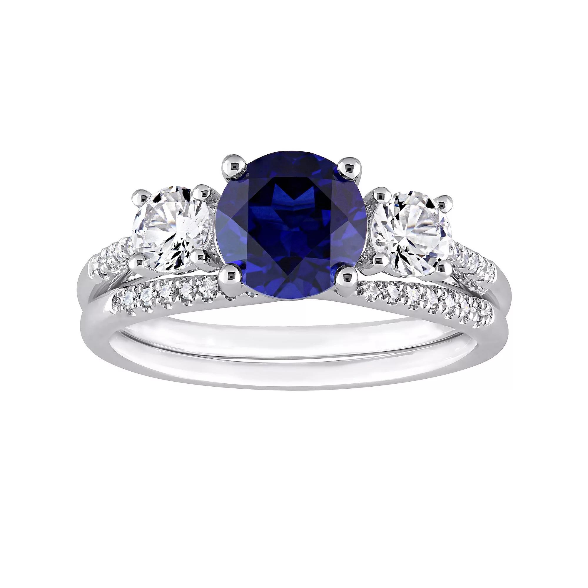 Stella Grace 10k White Gold Lab-Created Sapphire, Lab-Created White Sapphire & 1/10 Carat T.W. Diamond 3-Stone Engagement Ring Set, Womens 10k Whgold Product Image