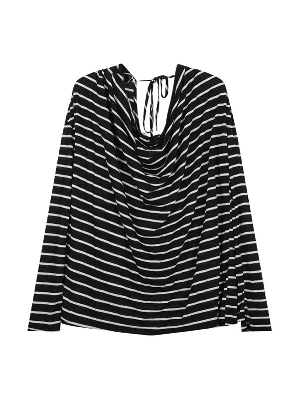 Stripe Backless Lace Up Smock Oversized Long Sleeve Tee Product Image