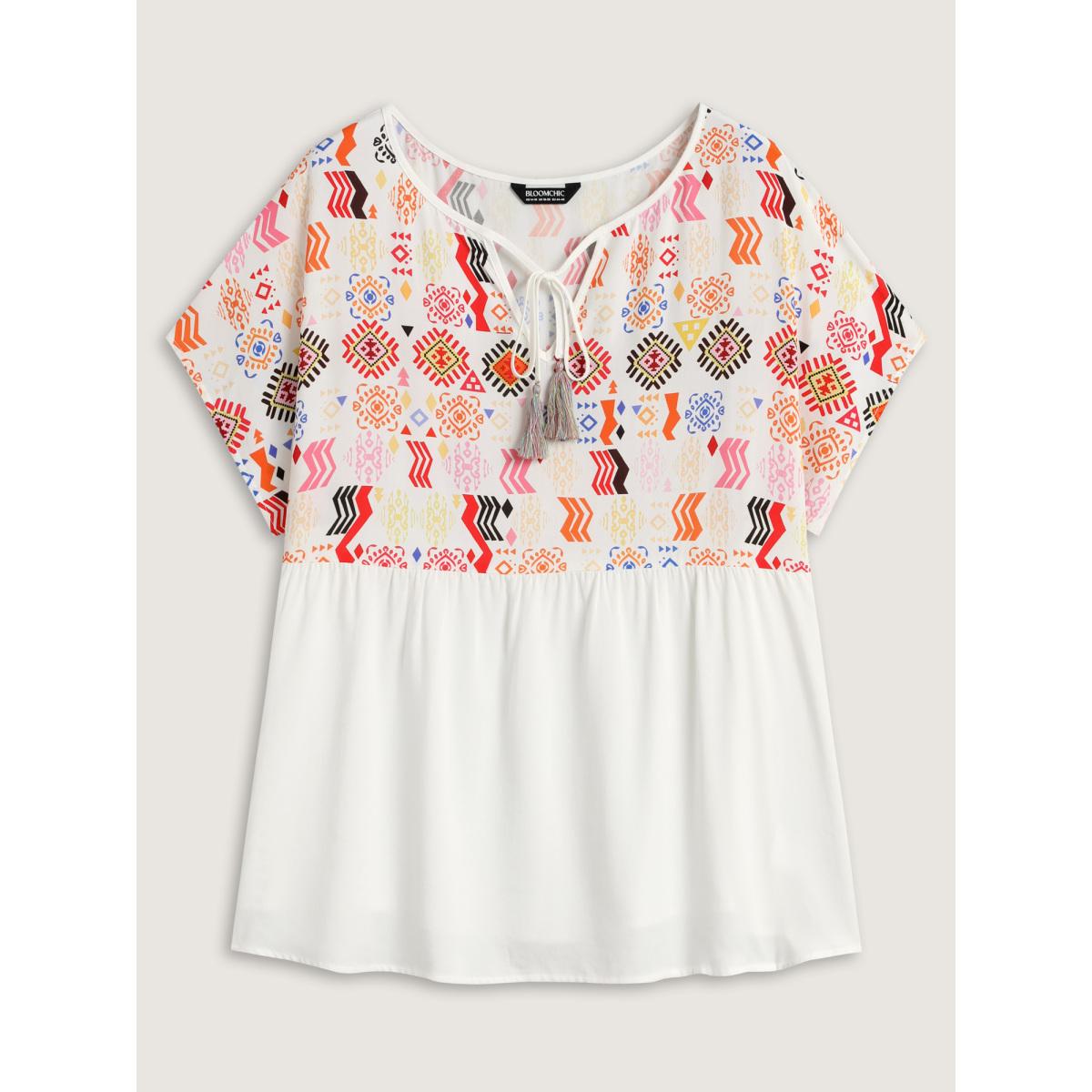 Plus Size WhiteSmoke Multicolor Boho Stripes Woven Cut-Out Blouse Women Short sleeve Flat collar with V-notch Vacation Blouses BloomChic 26/4X Product Image