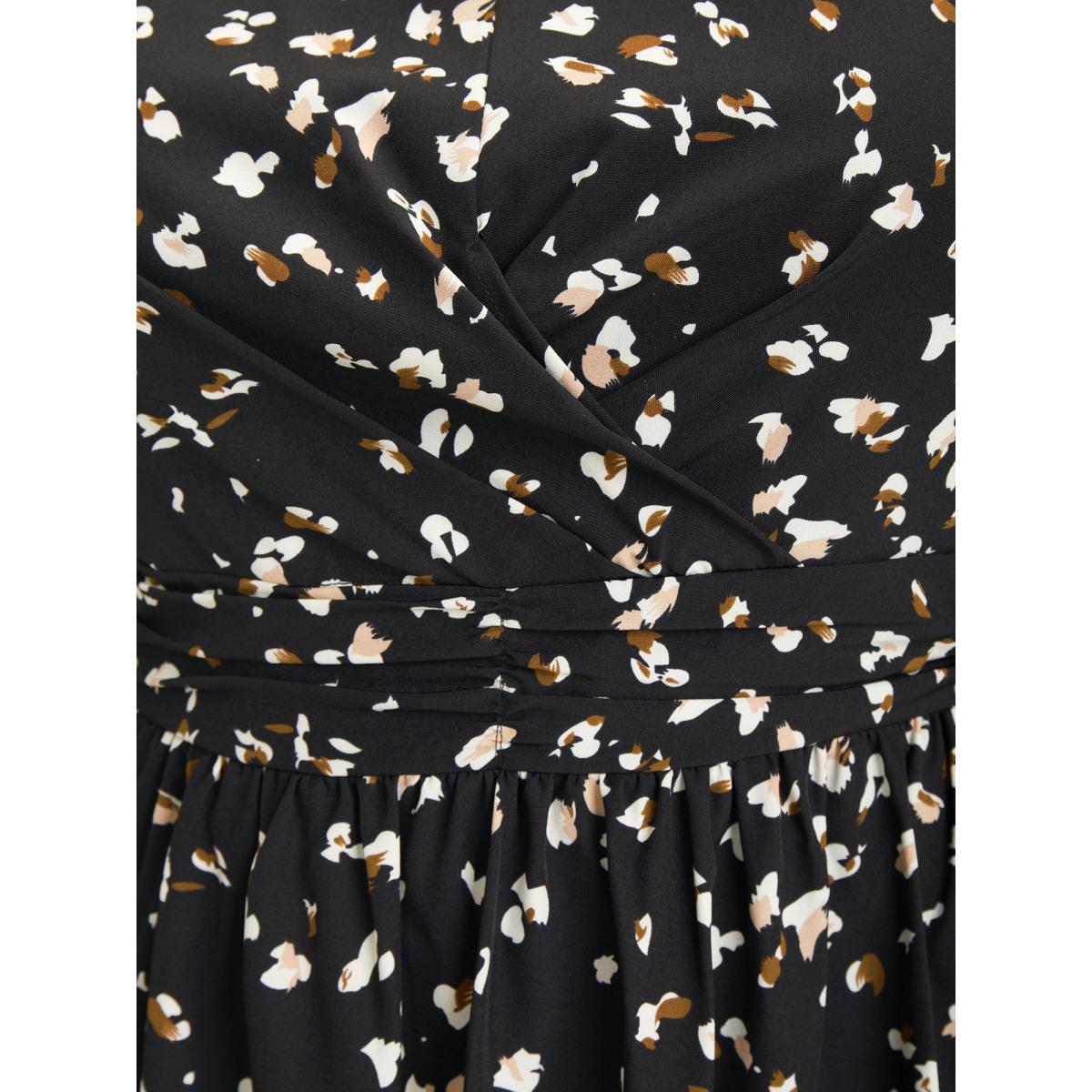 Plus Size Allover Print Pocket Flutter Crossover Ruched Tank Dress Black Women Elegant Twist Round Neck Sleeveless Curvy Midi Dress BloomChic 12/L Product Image