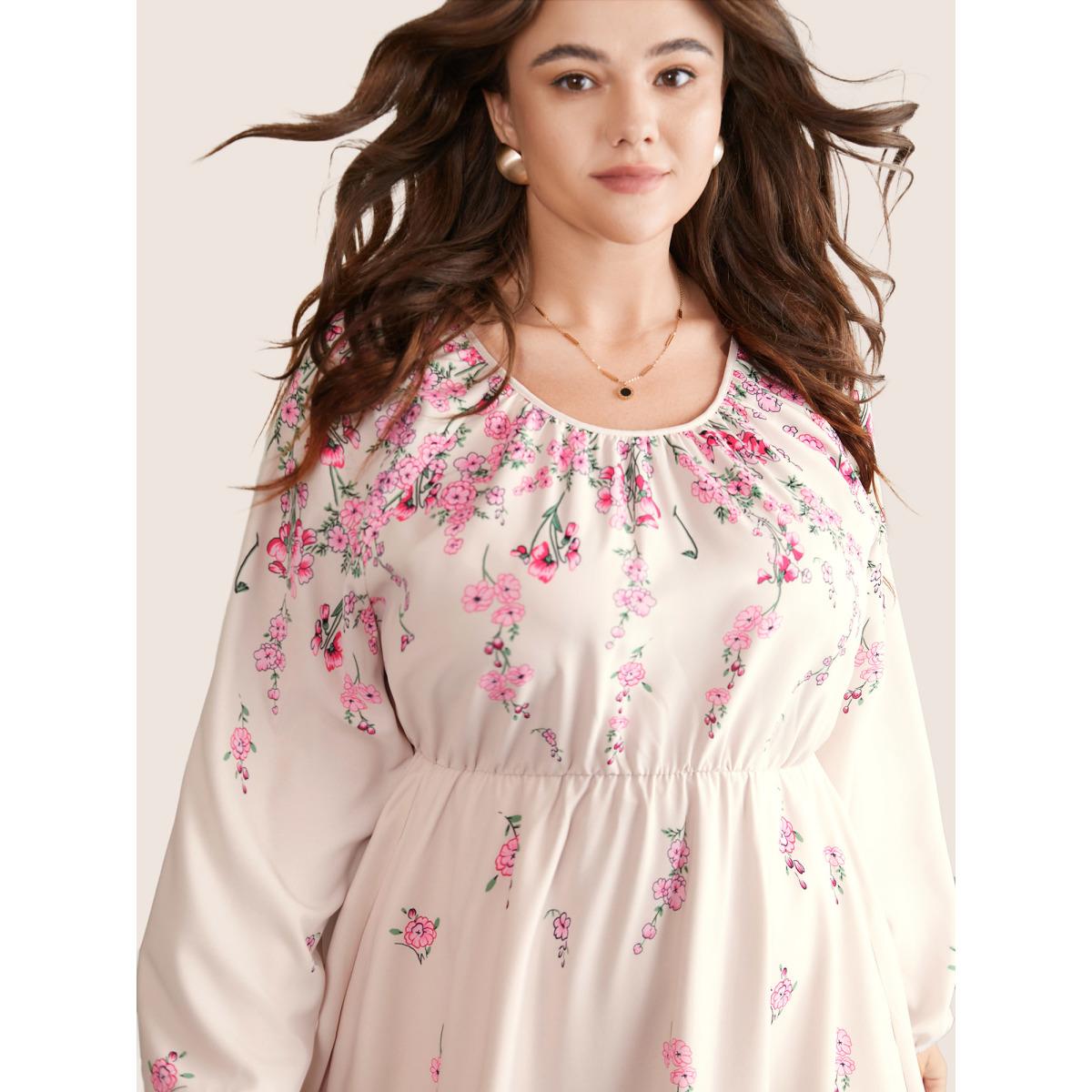Plus Size Boho Print Patchwork Ruffles Lantern Sleeve Dress Apricot Women Elegant Elastic cuffs Round Neck Long Sleeve Curvy Midi Dress BloomChic 18-20/2X Product Image