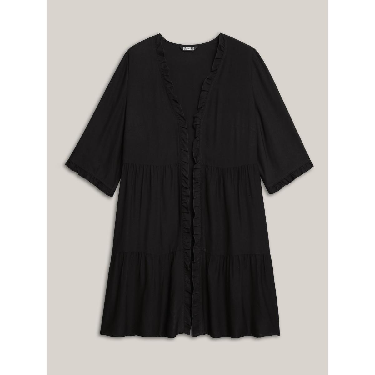 Plus Size Ruffled Open-Front Tiered Kimono Women Black Elegant Gathered Everyday Kimonos BloomChic 22-24/3X Product Image