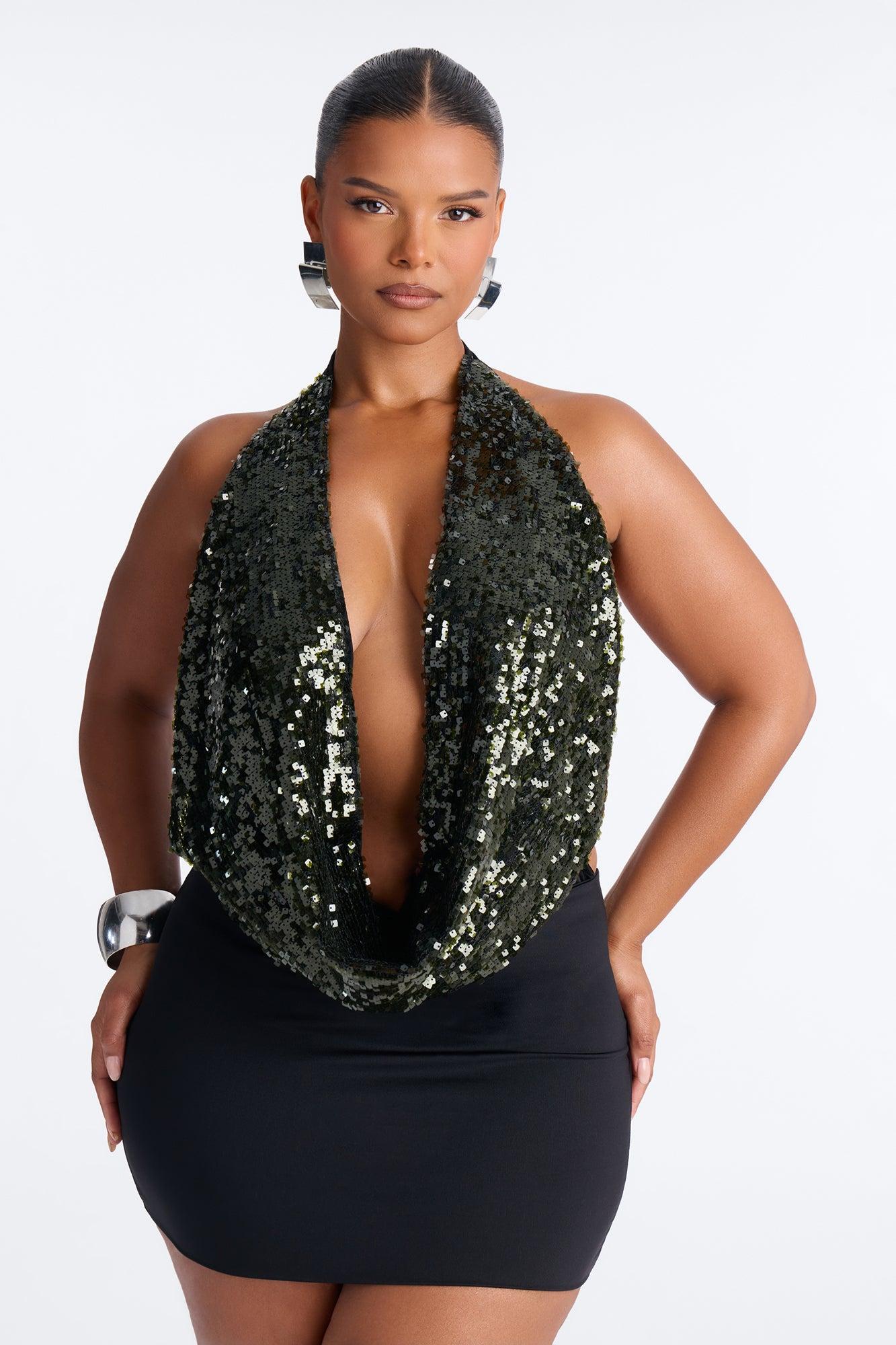 Sea Goddess Sequin Cowl Neck Halter Bodysuit - Hunter Green Female Product Image