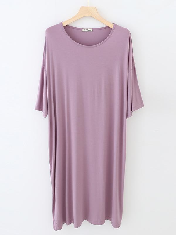 High Waisted Loose Solid Color Split-Joint Round-Neck Pajama Dress Product Image
