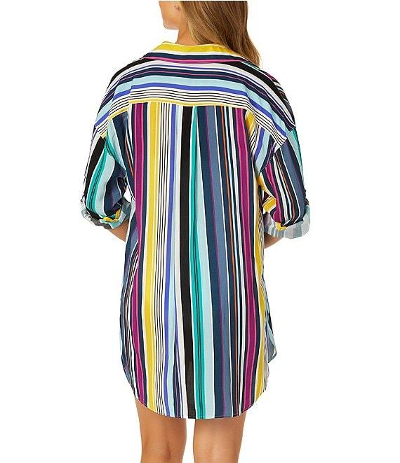 Anne Cole Barcode Multi Color Stripe Point Collar Roll-Tab Button Front Shirt Dress Swim Cover-Up Product Image
