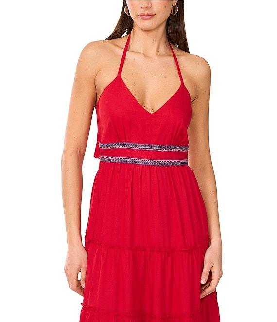 Vince Camuto Halter V Neckline Tie Back Tiered Maxi Dress Product Image
