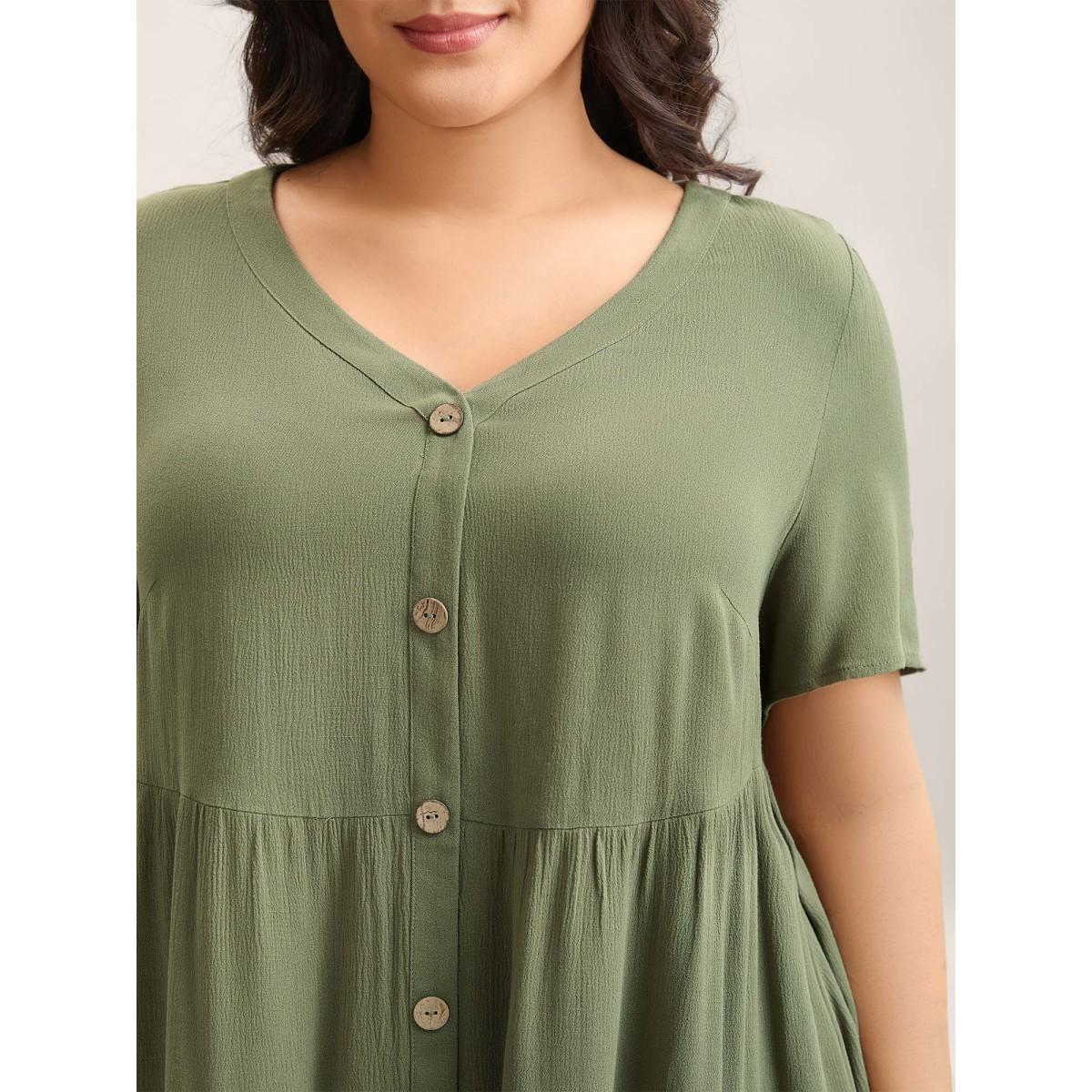 Plus Size Moss Textured Button Placket V-Neck Shirt Women Leisure Short sleeve V-neck Casual Blouses BloomChic 28/5X Product Image