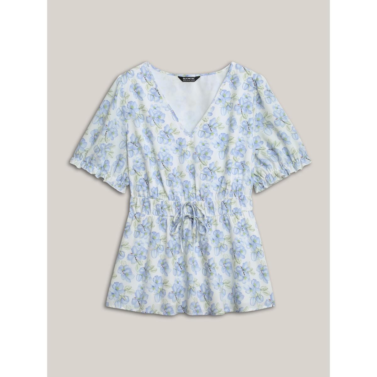 Plus Size Skyblue Breezy Floral Print Drawstring Babydoll Top Women Short sleeve V-neck Everyday-Elegant Blouses BloomChic 12/L Product Image