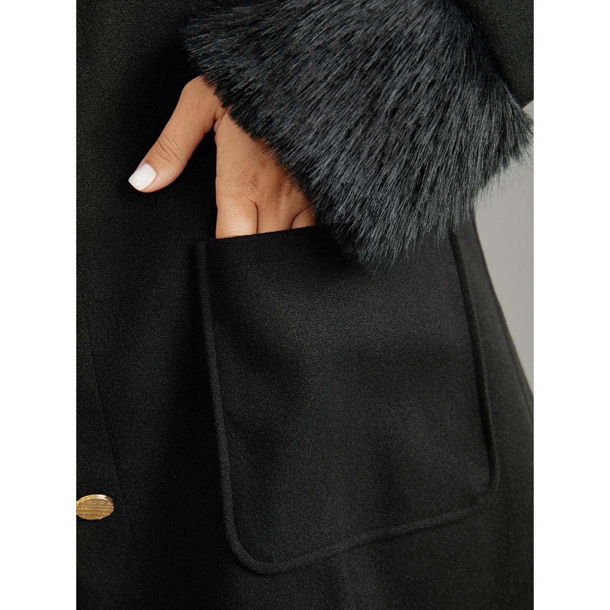 Plus Size Solid Fuzzy Sleeve Pocket Metal Detail Coat Women Black Casual Plain Ladies Dailywear Winter Coats BloomChic 26/4X Product Image