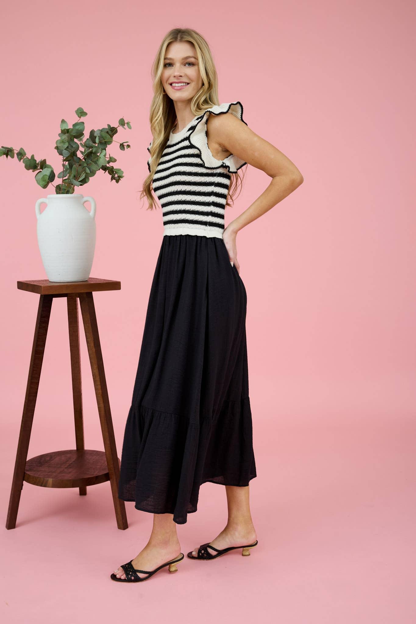 STRIPE SWEATER TOP MIXED MEDIA MIDI DRESS: NAVY Product Image