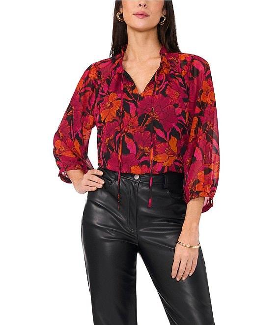 Vince Camuto Woven Floral Print V-Neck 3/4 Raglan Sleeve Blouse Product Image
