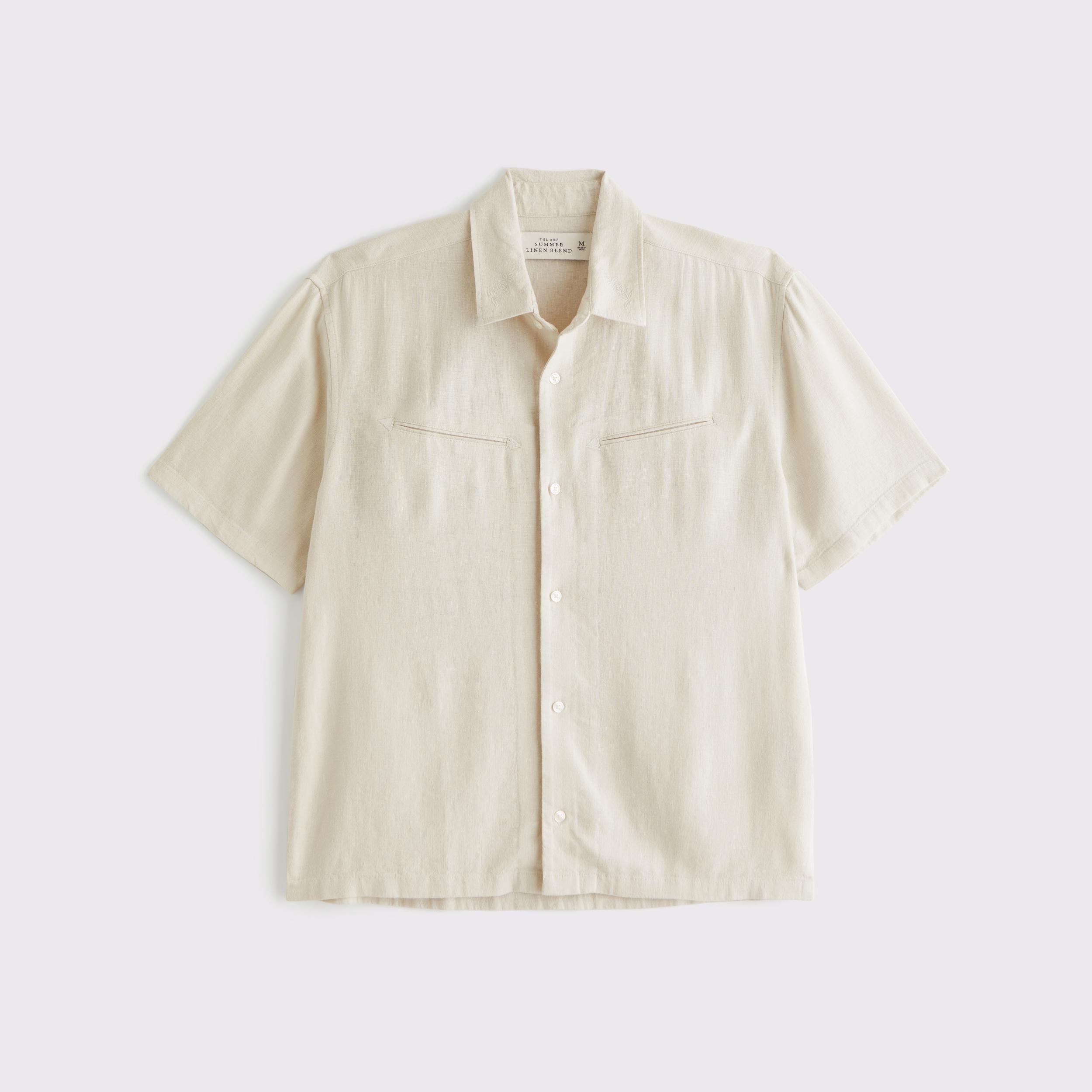 Short-Sleeve Summer Linen-Blend Button-Up Shirt Product Image