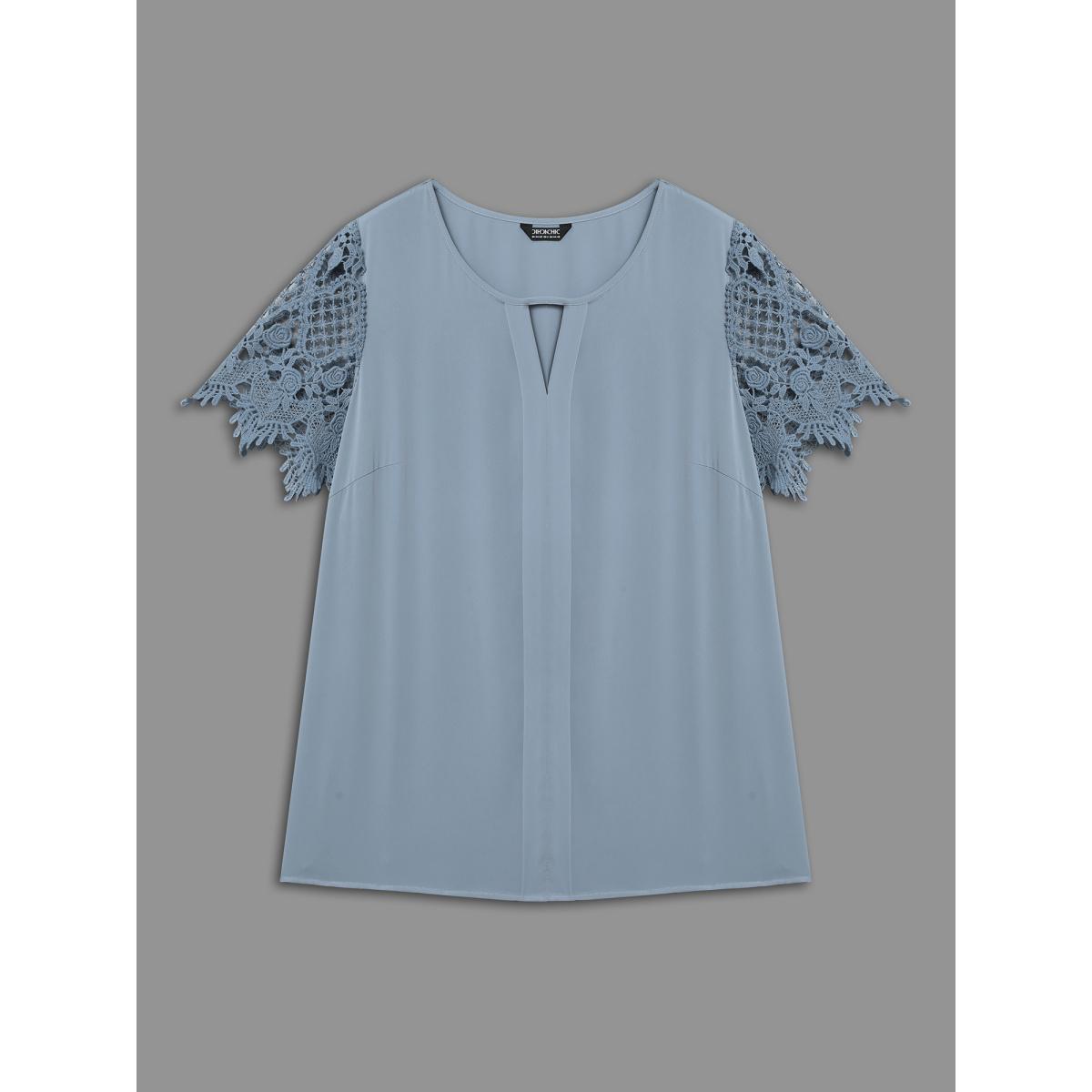 Plus Size Stone Lace Sleeve Neck Cut-Out Flared Shirt Women At the Office Short sleeve Notched collar Work Blouses BloomChic 22-24/3X Product Image