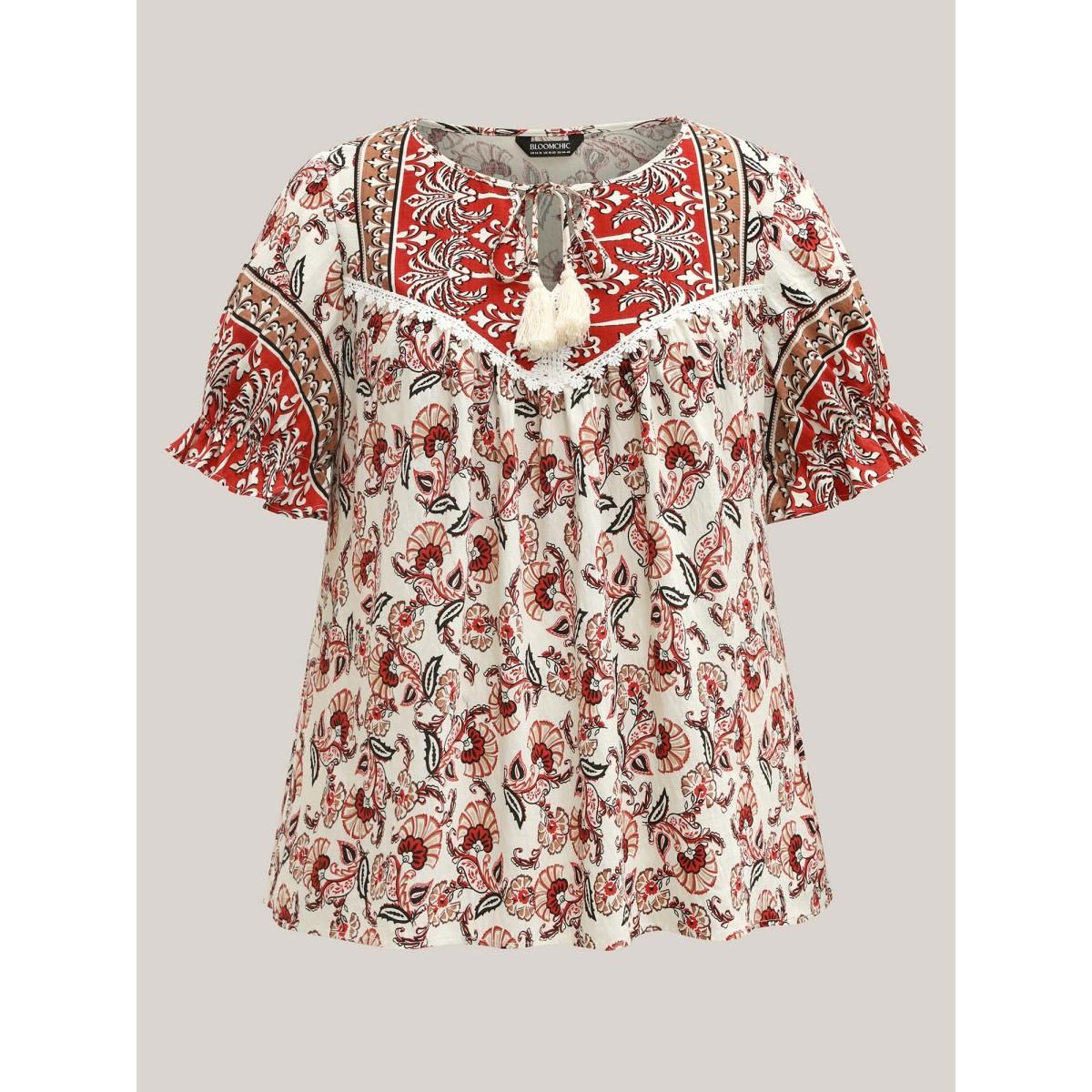 Plus Size Crimson Boho Floral Print Neck Tassels Blouse Women Boho Short sleeve Flat collar with V-notch Vacation Blouses BloomChic 28/5X Product Image