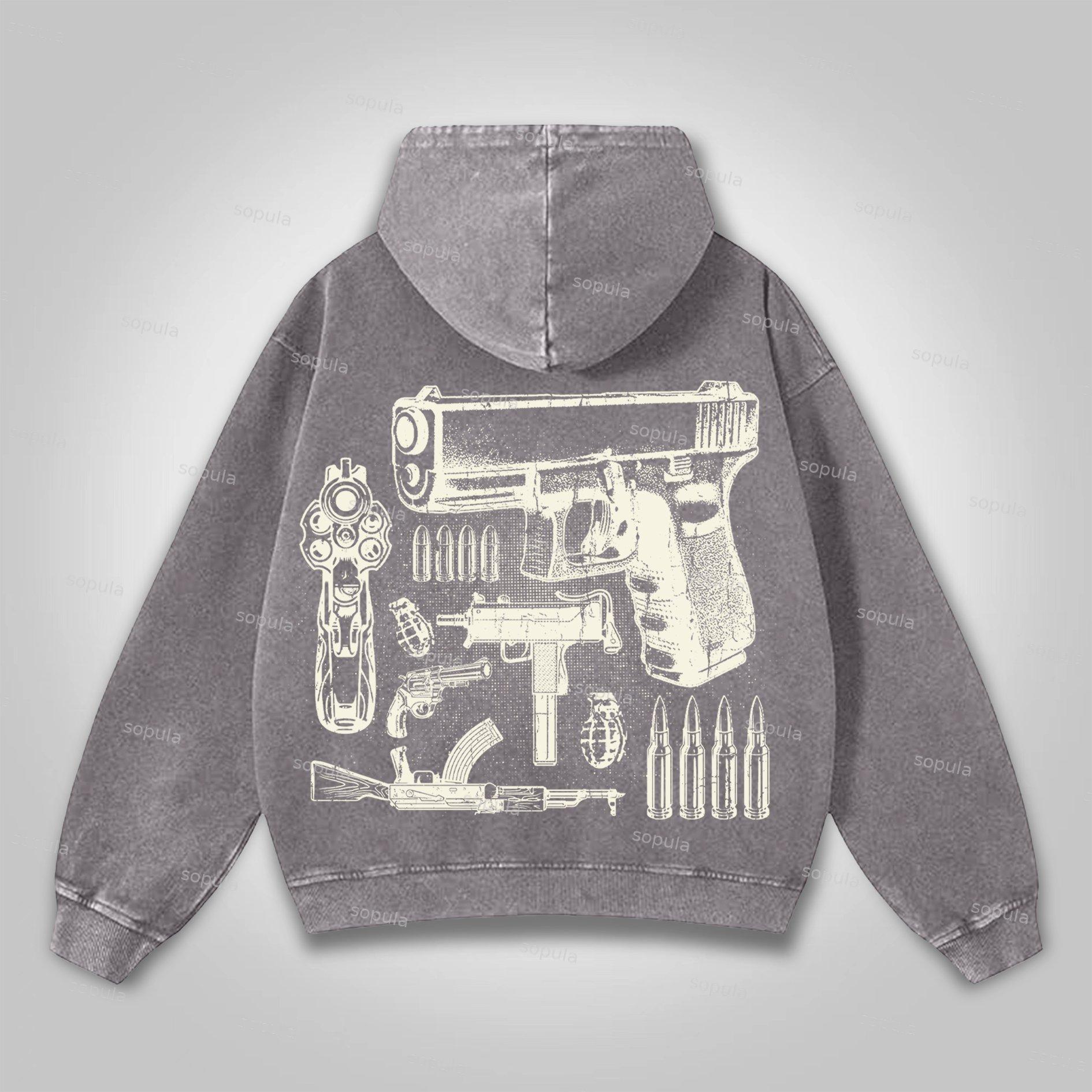 Sopula Who Cares？vintage Outlet Firearms Graphics Washed Distressed Pocket Hoodie Product Image