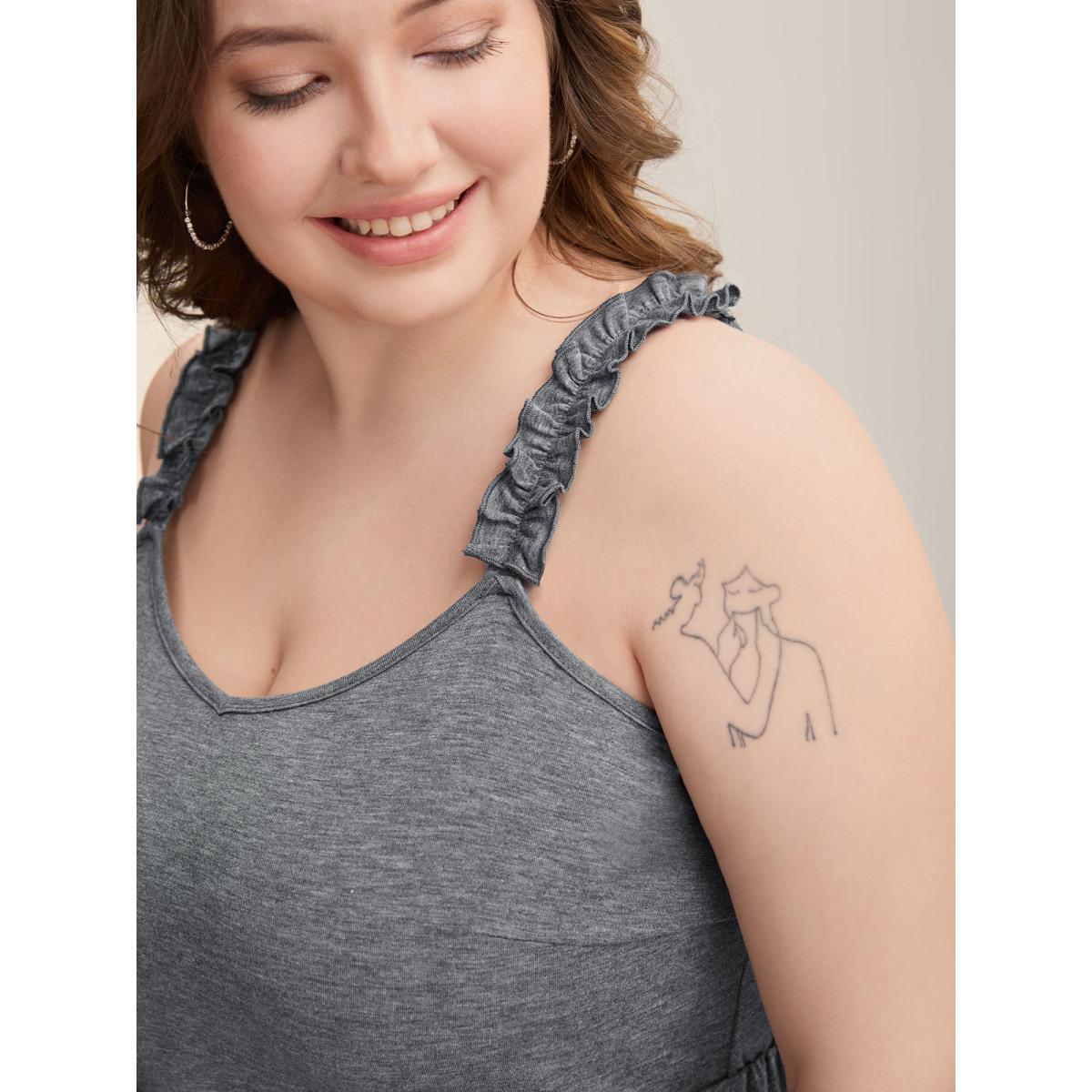 Plus Size Supersoft Heathered Ruched Straps Midi Dress DimGray Women Casual Frill Trim Knit Dresses Bloomchic 18-20/2X Product Image