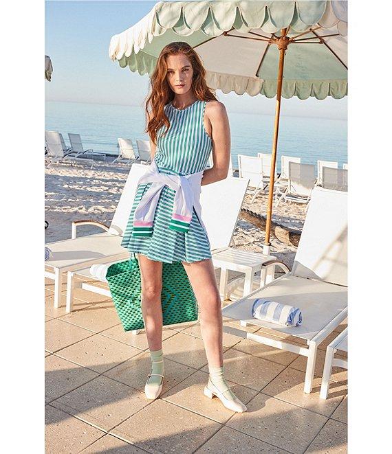Addison Bay Racquet Striped Print Crew Neck Sleeveless Pleated Active Dress Product Image