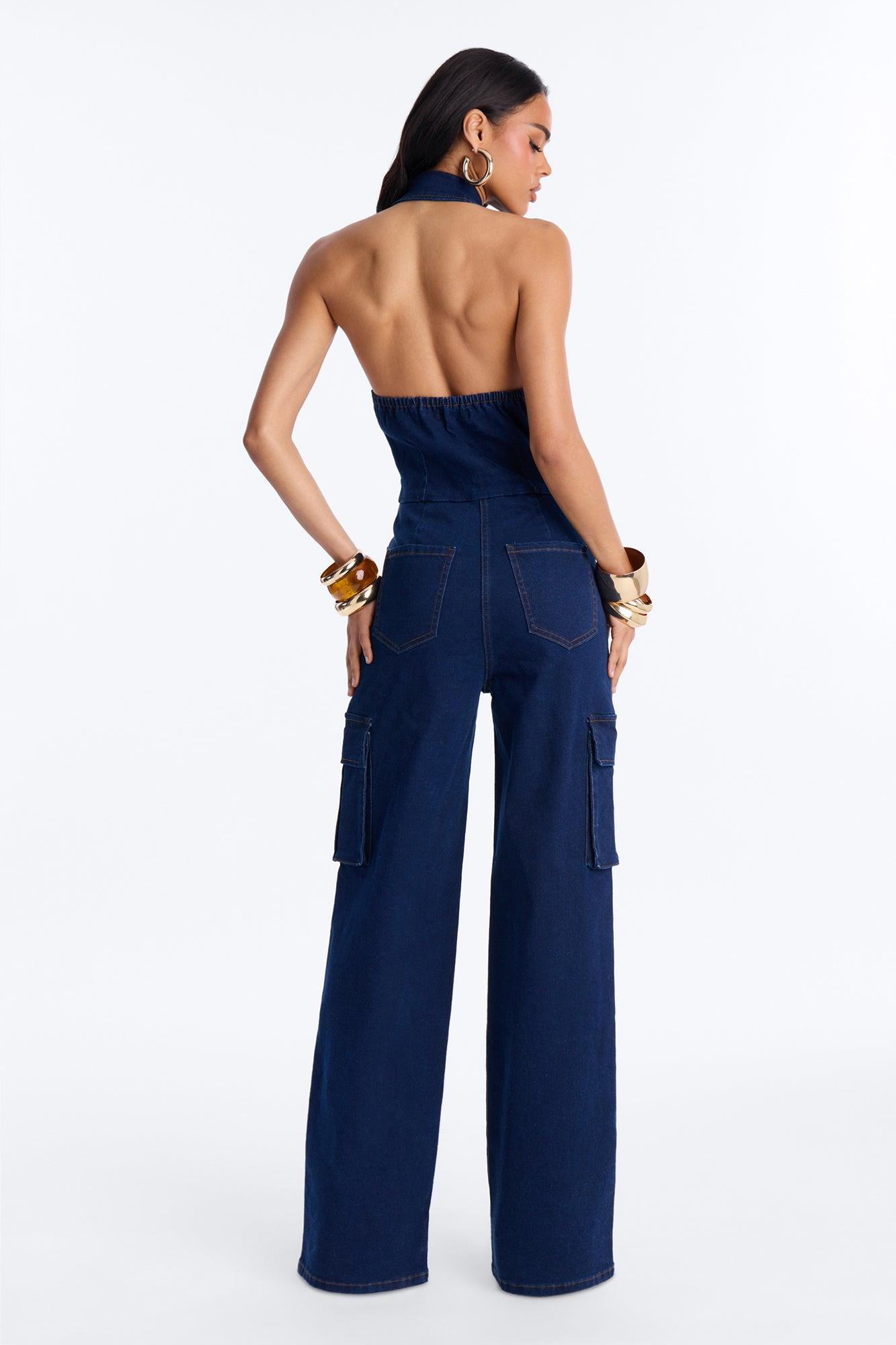 Jaime Denim Cargo Wide Leg Jumpsuit - Dark Wash Female Product Image