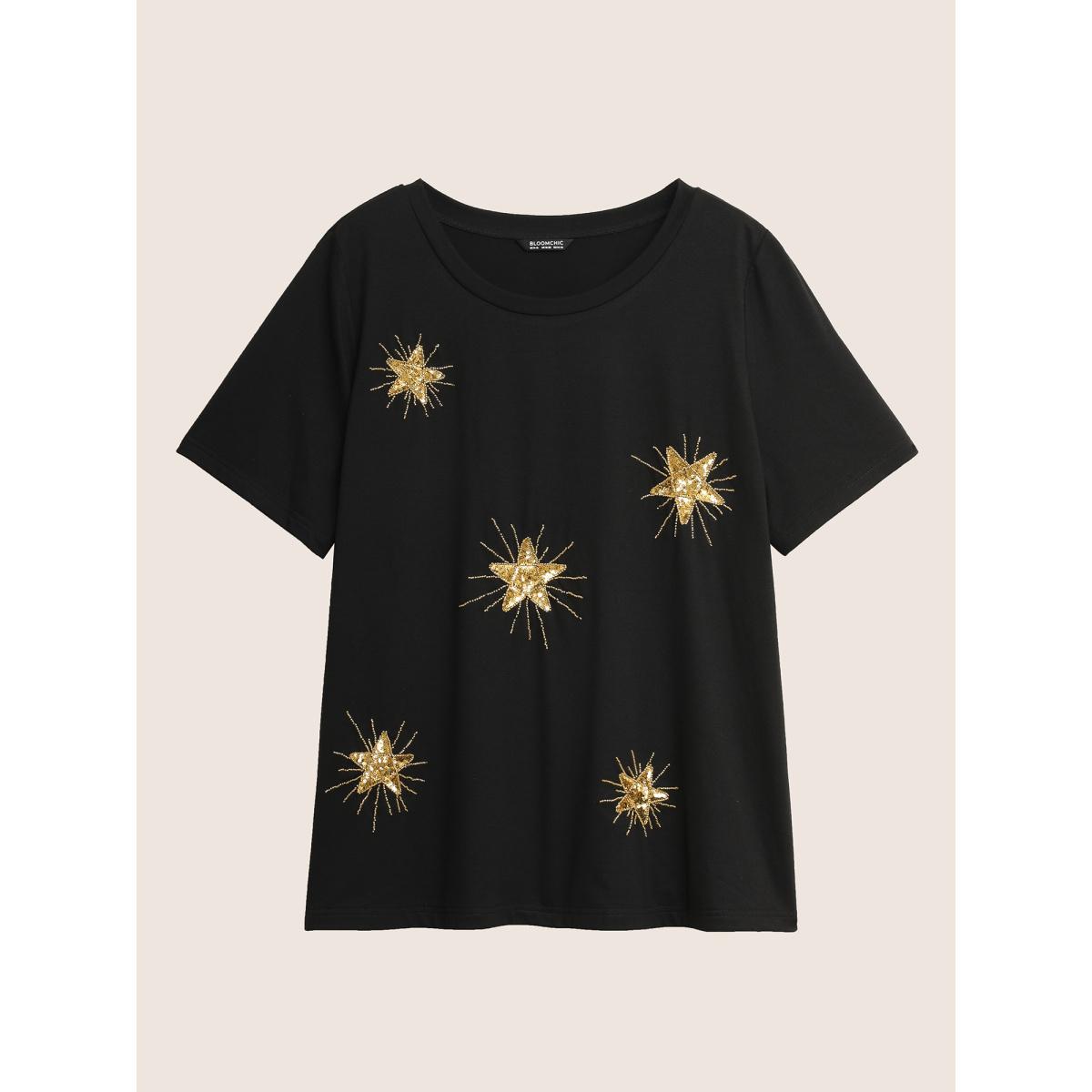 Plus Size Contrast Star Sequin Round Neck T-shirt Black Women Casual Contrast Star and moon Round Neck Everyday T-shirts BloomChic 18-20/2X Product Image