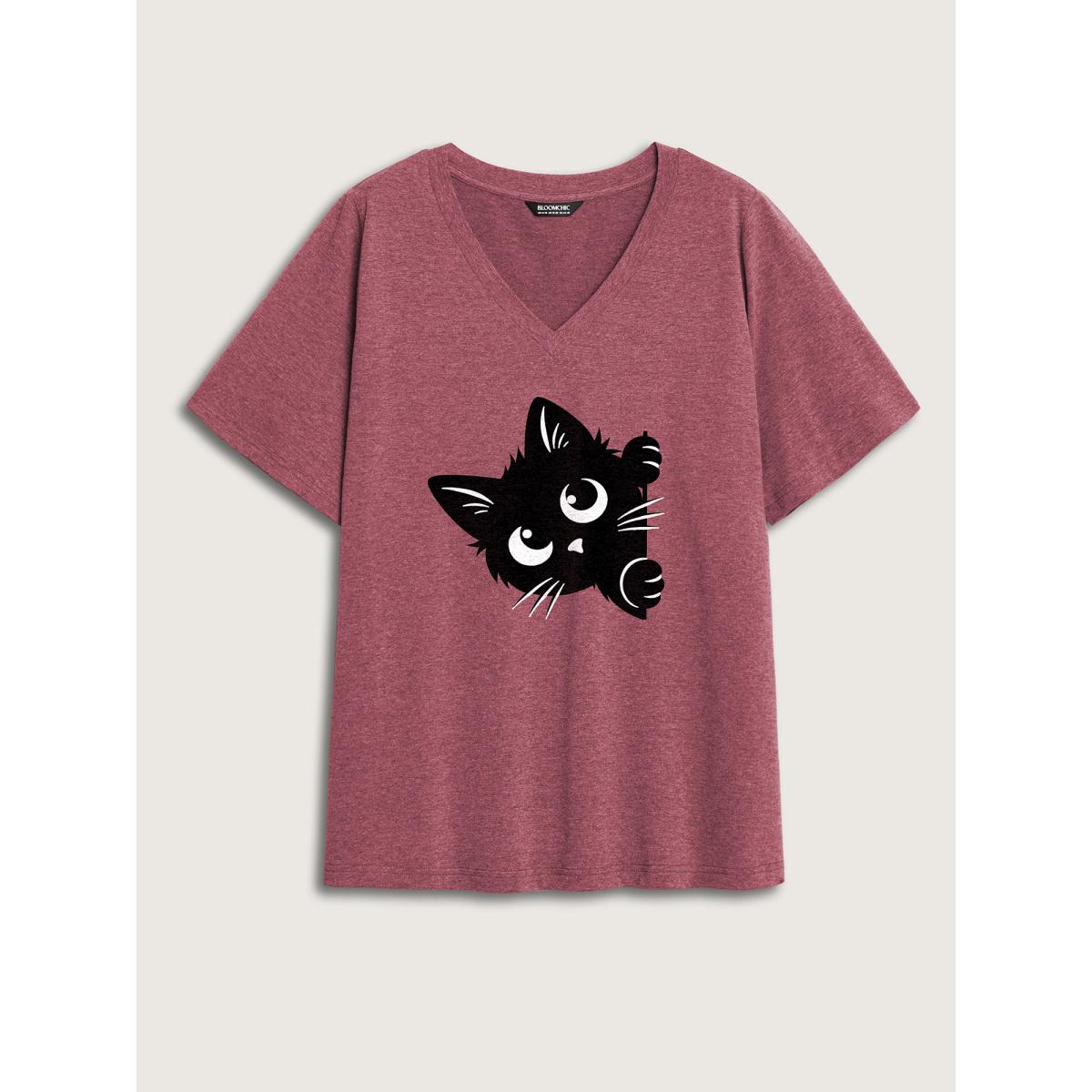 Plus Size Hey Cat V-Neck Solid T-Shirt Plum Women Non Animals V-neck Everyday-Casual T-shirts BloomChic 28/5X Product Image