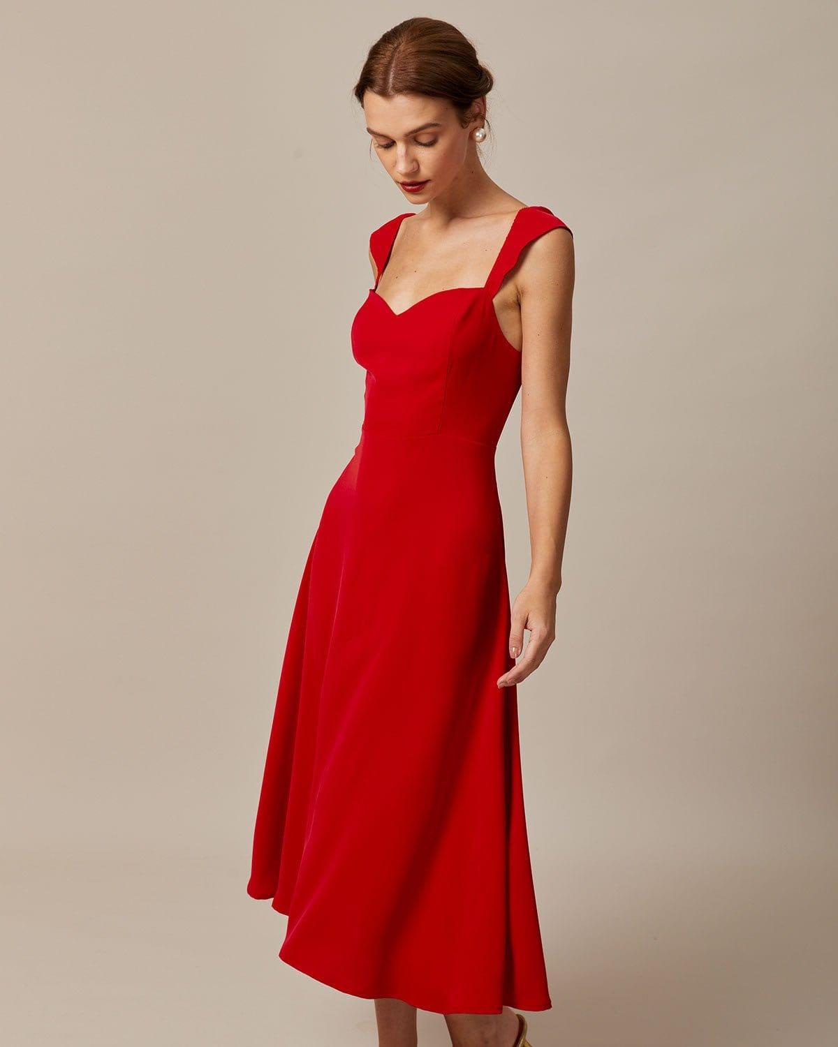 The Red Sweetheart Neck Cap Sleeve Midi Dress Product Image