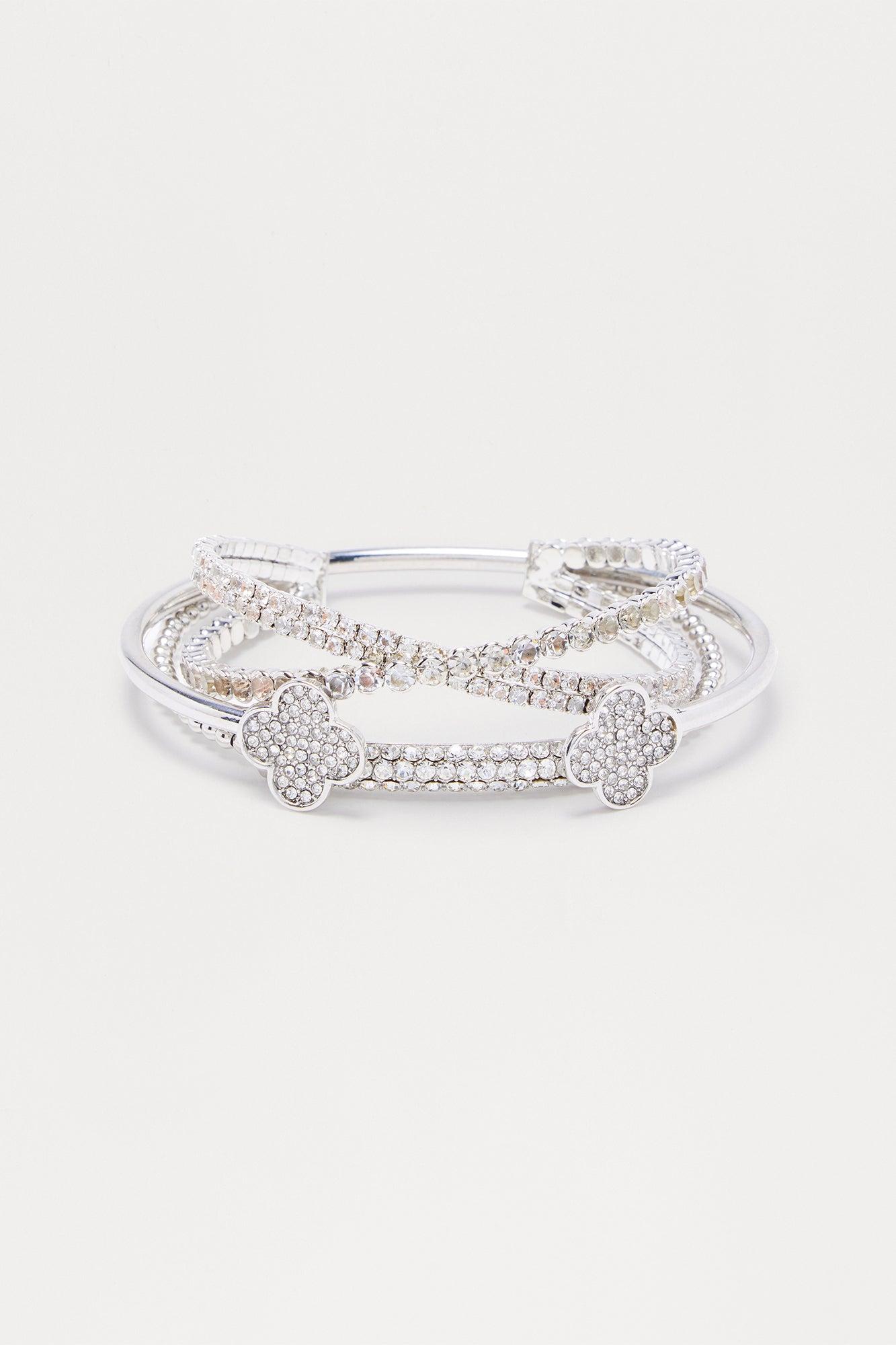 Lucky Clover Rhinestone 3 Piece Bracelet Set - Silver Female Product Image