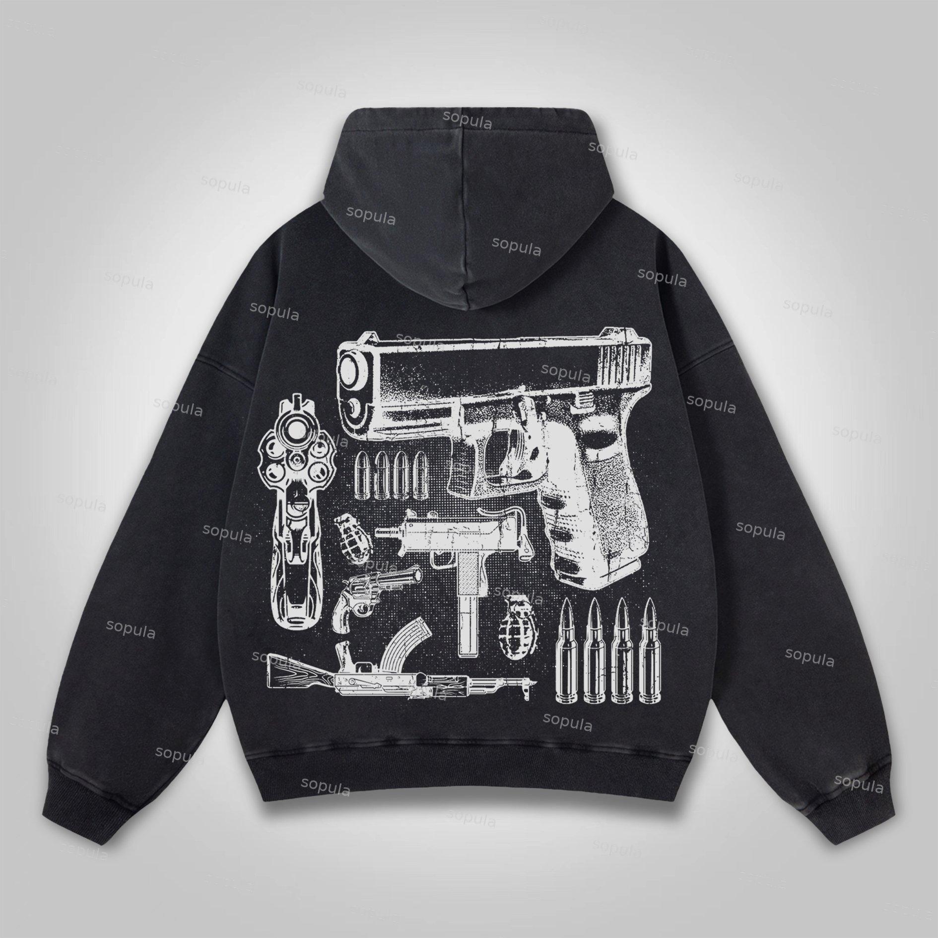 Sopula Who Cares？vintage Outlet Firearms Graphics Washed Distressed Pocket Hoodie Product Image