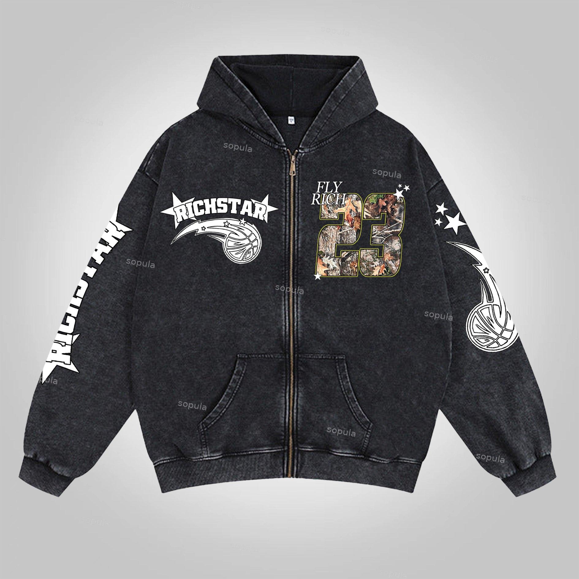 Men's Oversized Relaxed Graphic Vintage Washed Zip-Up Hoodie Product Image