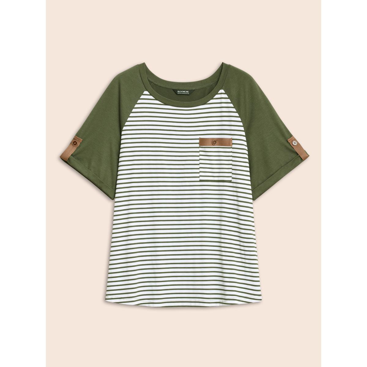 Plus Size Striped Contrast Patched Pocket Roll Raglan Sleeve T-shirt ArmyGreen Women Casual Contrast Striped Round Neck Everyday T-shirts BloomChic 22-24/3X Product Image