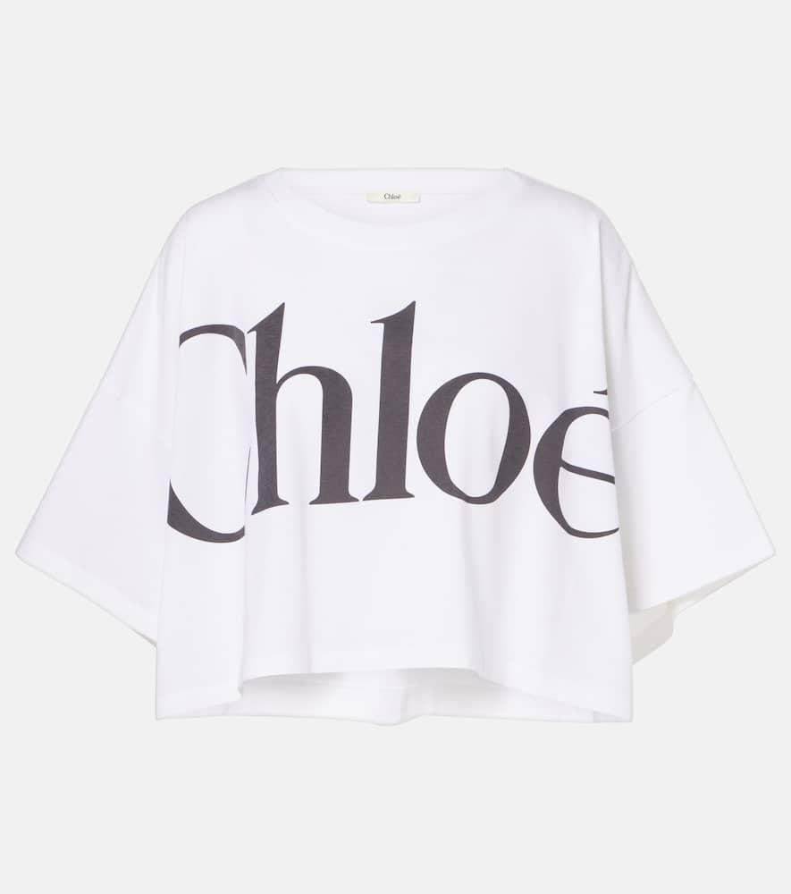 CHLOÉ White Cropped Crewneck T-shirt With Maxi Logo Print On The Front In Cotton Woman In Multicolor Product Image