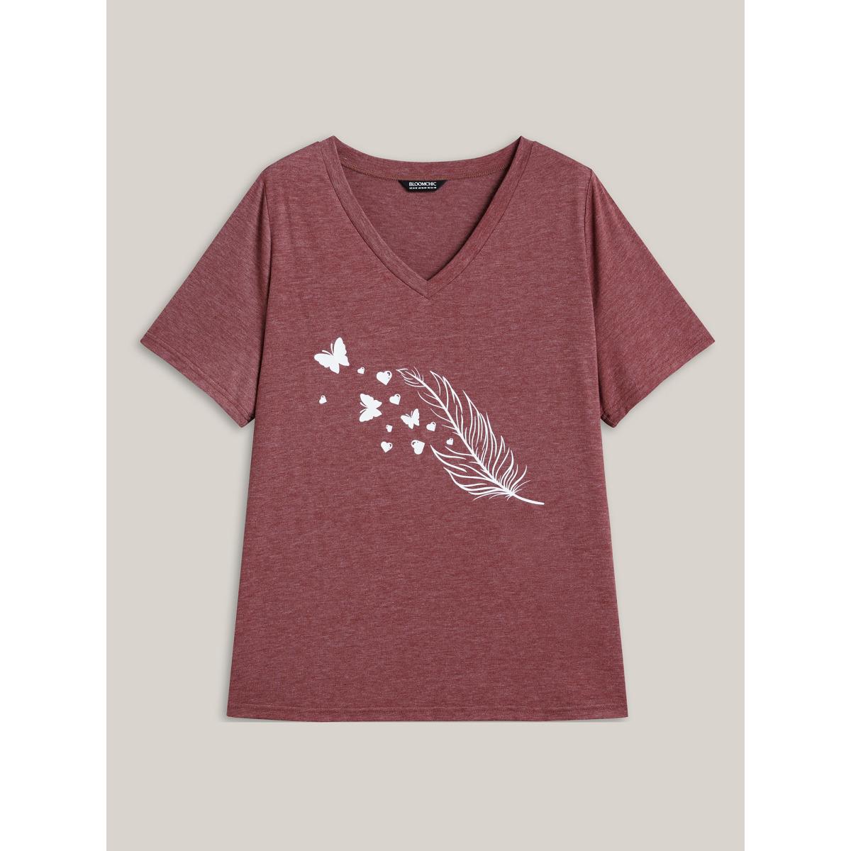 Plus Size Feather Print V-Neck Fitted T-Shirt Scarlet Women Leisure Non Butterfly V-neck Casual T-shirts BloomChic 12/L Product Image