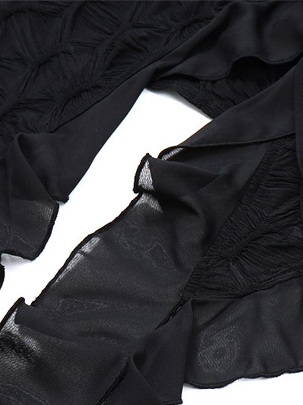 Tie Front Ruffles Flower Trim  Long Sleeves Blouse Product Image